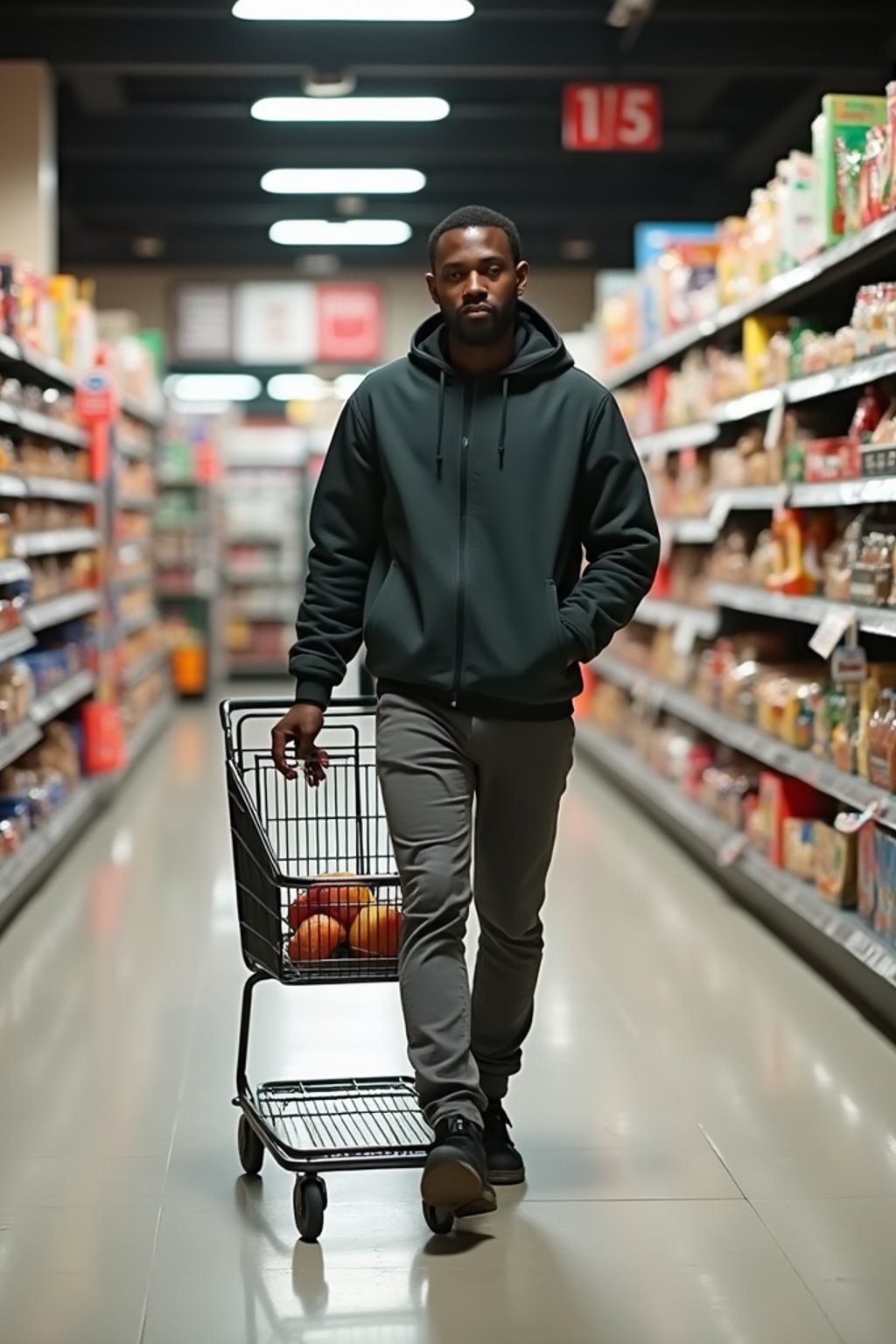 man in Supermarket walking with Shopping Cart in the Supermarket Aisle. Background of Supermarket