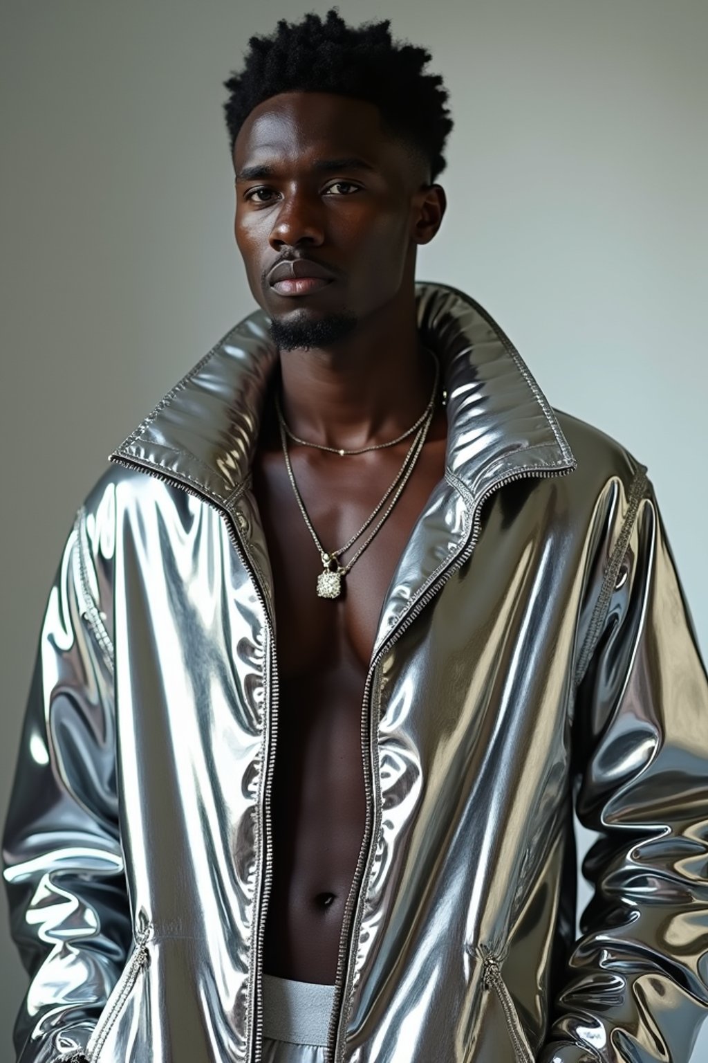 man in silver metallic style, wearing shiny metallic fashion