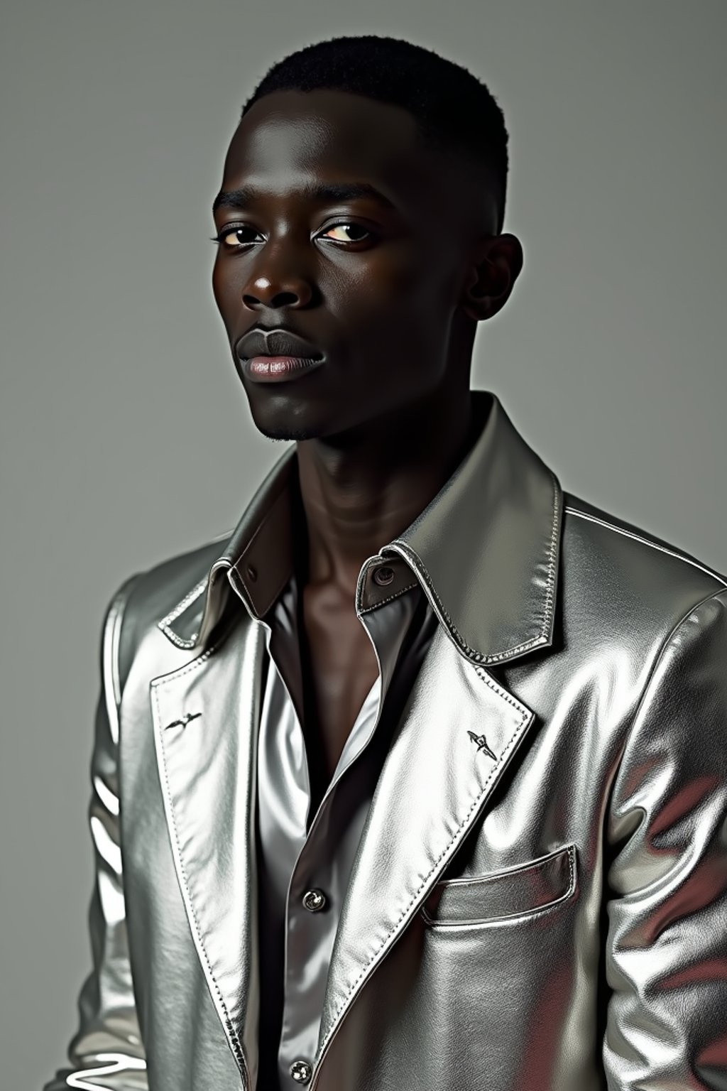 man in silver metallic style, wearing shiny metallic fashion