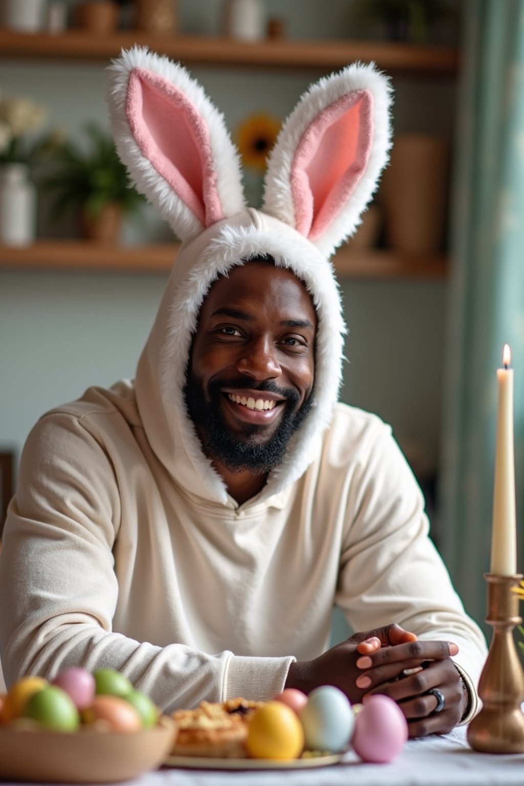 man dressed up for Easter with Easter Bunny Ears at the Easter Breakfast. Easter Eggs. Easter Bunny