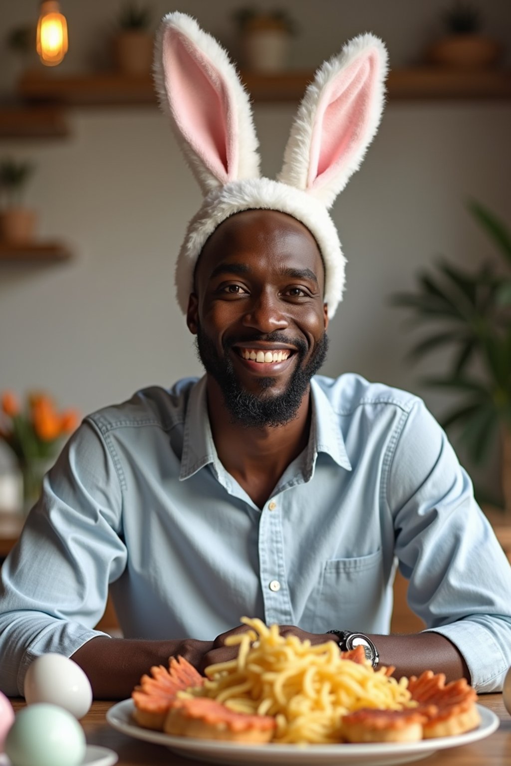 man dressed up for Easter with Easter Bunny Ears at the Easter Breakfast. Easter Eggs. Easter Bunny