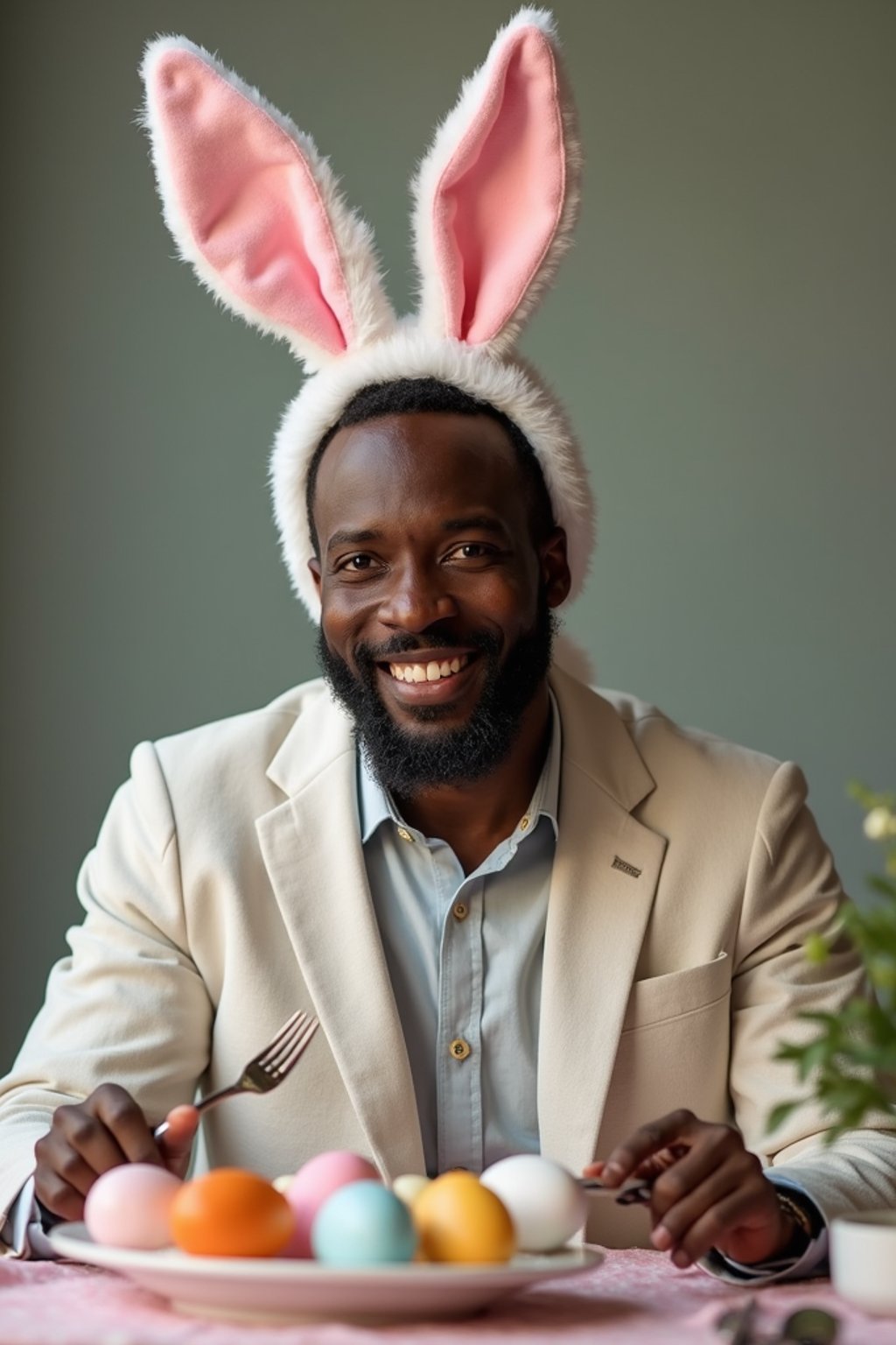 man dressed up for Easter with Easter Bunny Ears at the Easter Breakfast. Easter Eggs. Easter Bunny