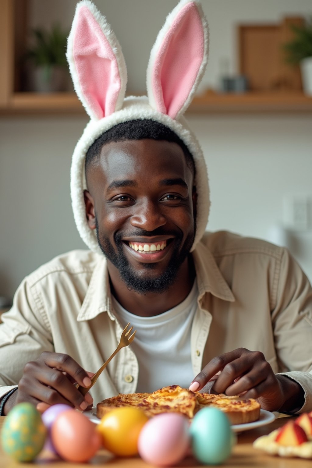 man dressed up for Easter with Easter Bunny Ears at the Easter Breakfast. Easter Eggs. Easter Bunny