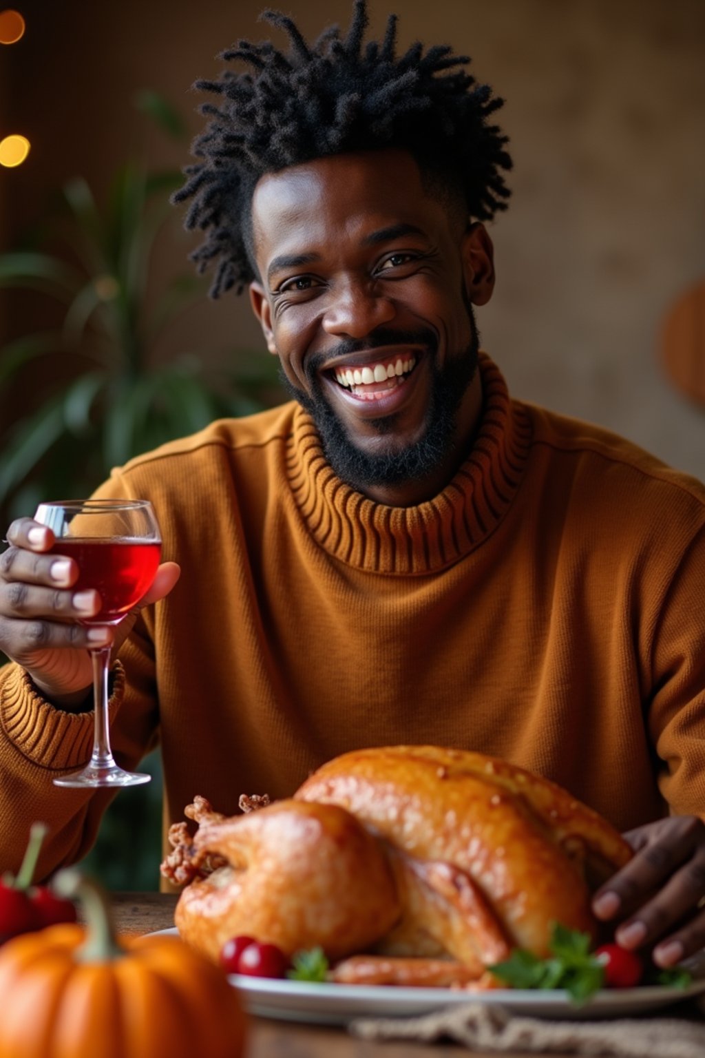 man celebrating Thanksgiving with cocktail and turkey meat in background