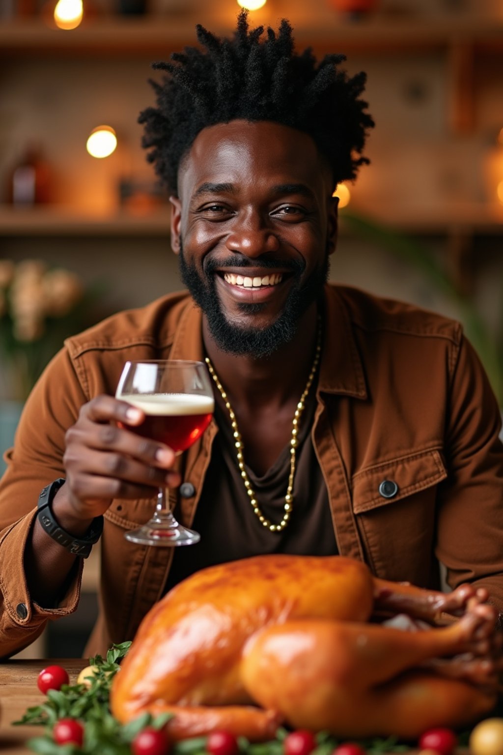 man celebrating Thanksgiving with cocktail and turkey meat in background