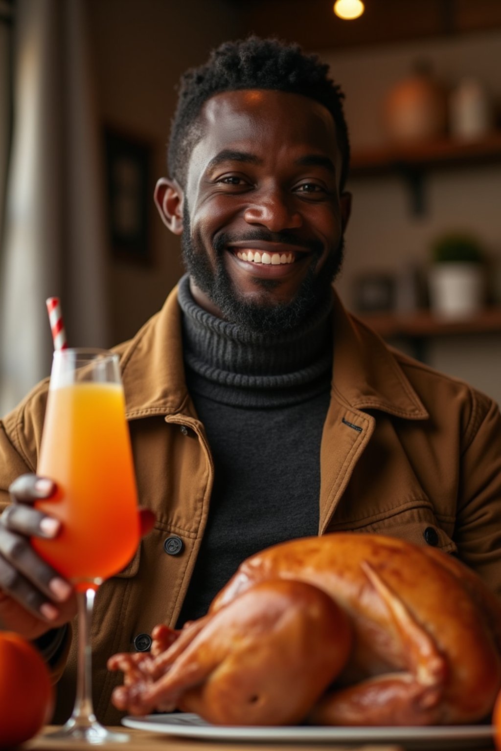 man celebrating Thanksgiving with cocktail and turkey meat in background