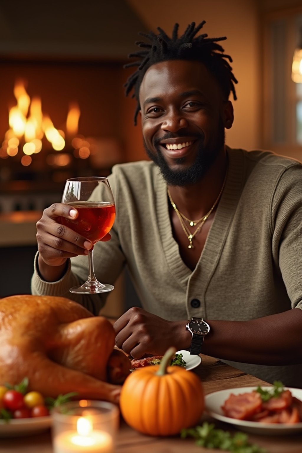 man celebrating Thanksgiving with cocktail and turkey meat in background