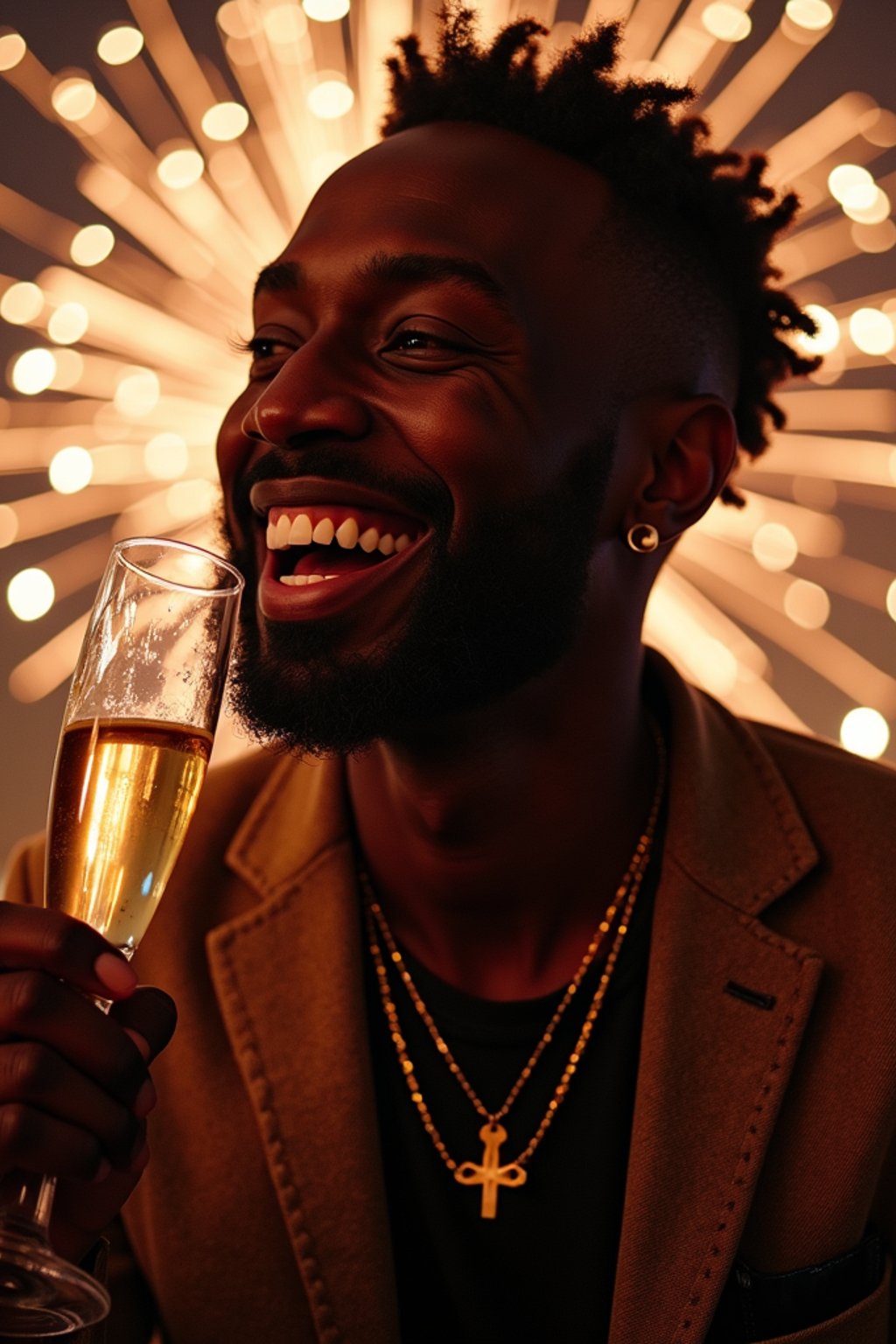 man celebrating New Year's Eve with champagne and Fireworks in background