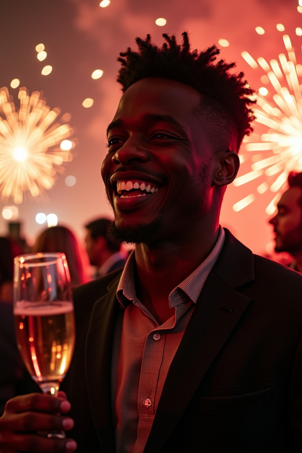 man celebrating New Year's Eve with champagne and Fireworks in background