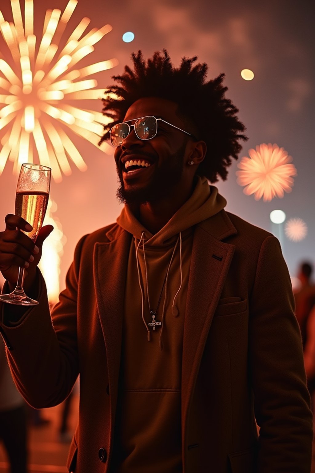 man celebrating New Year's Eve with champagne and Fireworks in background