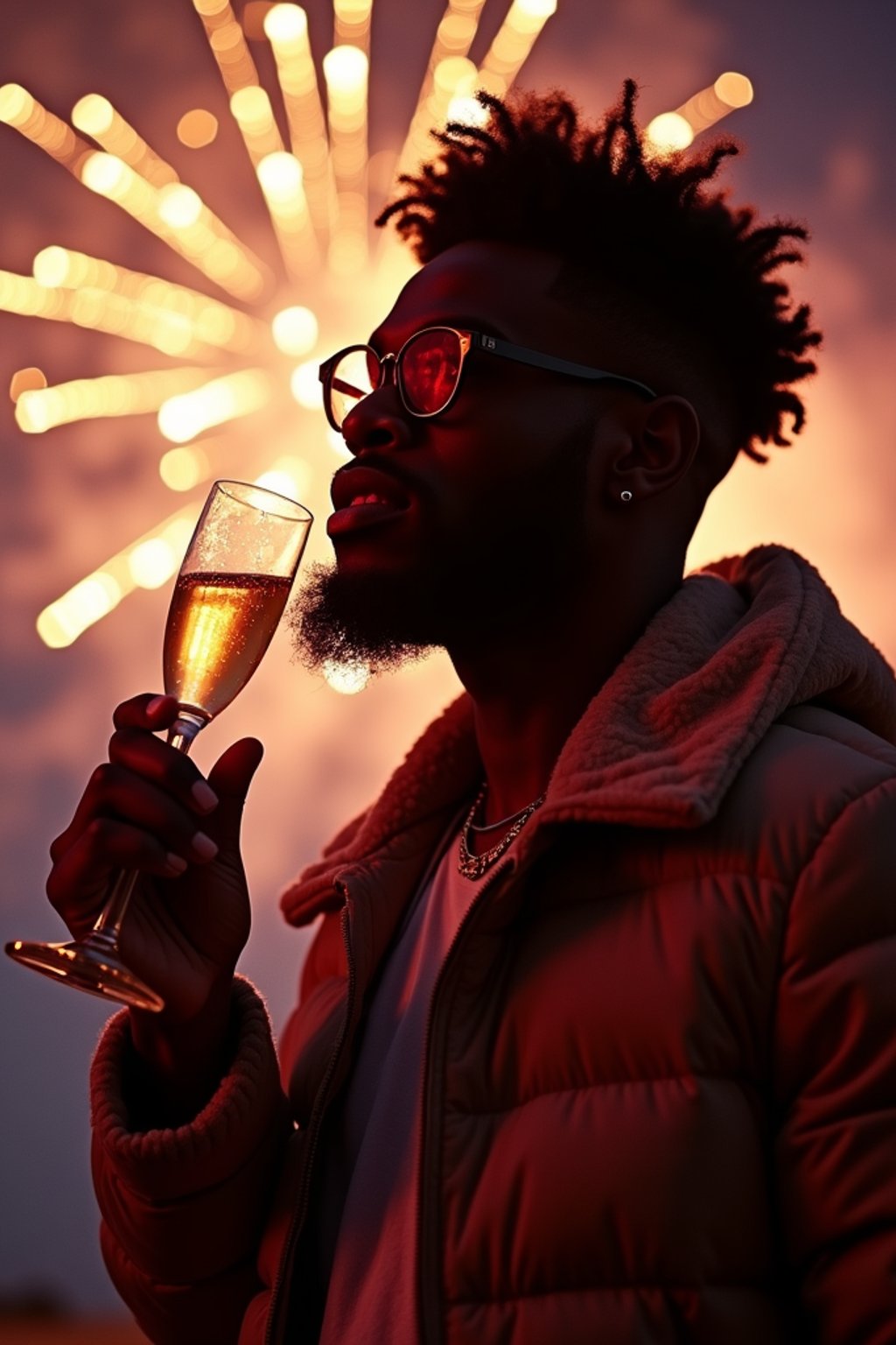 man celebrating New Year's Eve with champagne and Fireworks in background