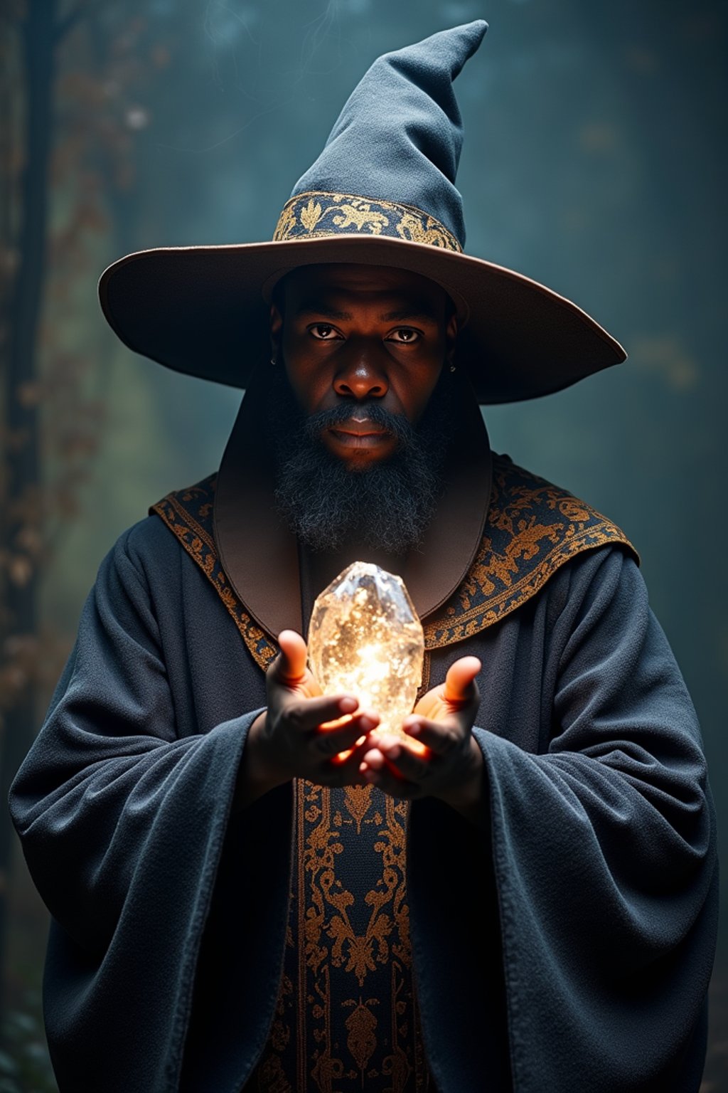 man as a Wizard with a Wizard robe and big hat, crystal magic, dramatic light