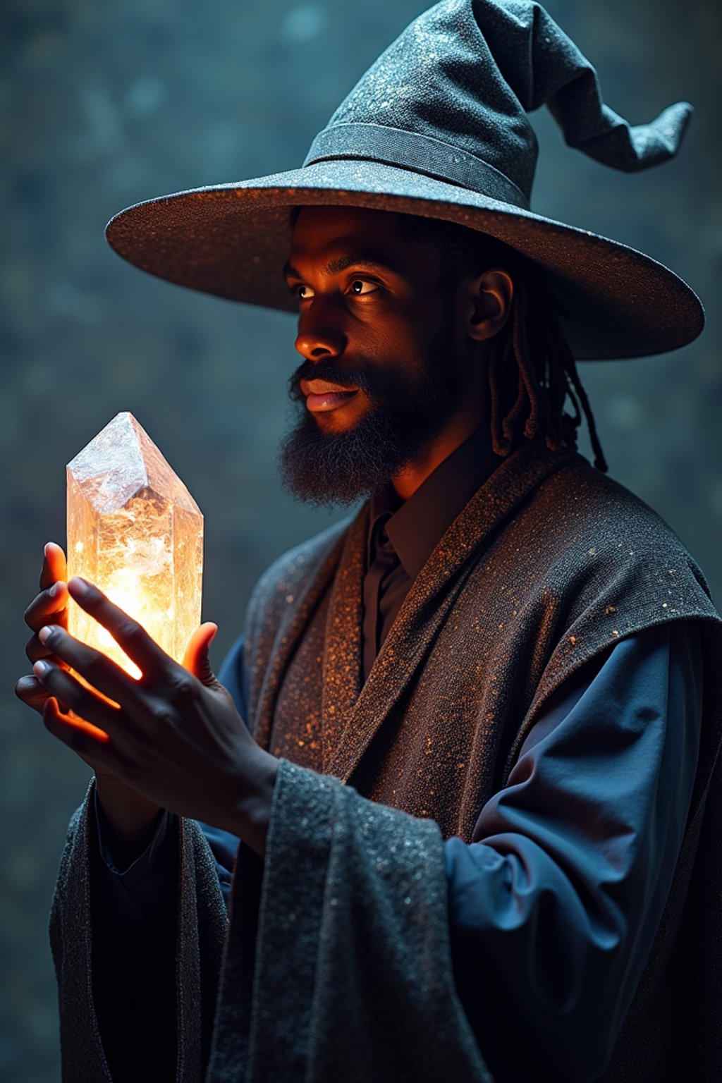 man as a Wizard with a Wizard robe and big hat, crystal magic, dramatic light