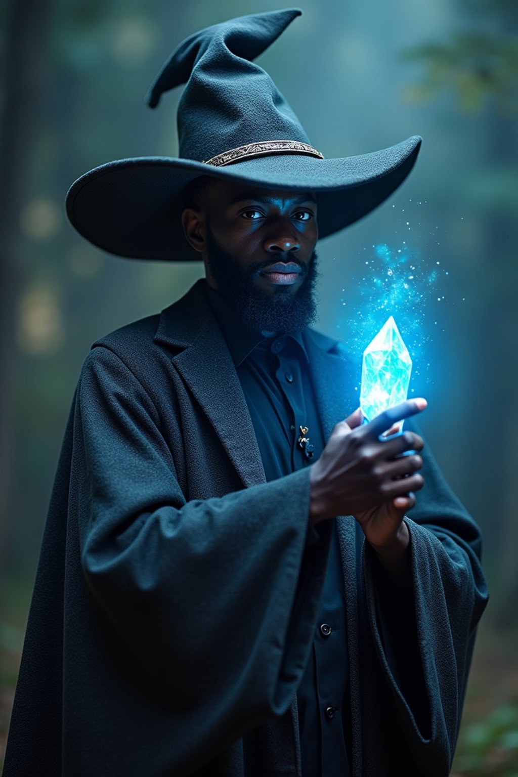 man as a Wizard with a Wizard robe and big hat, crystal magic, dramatic light