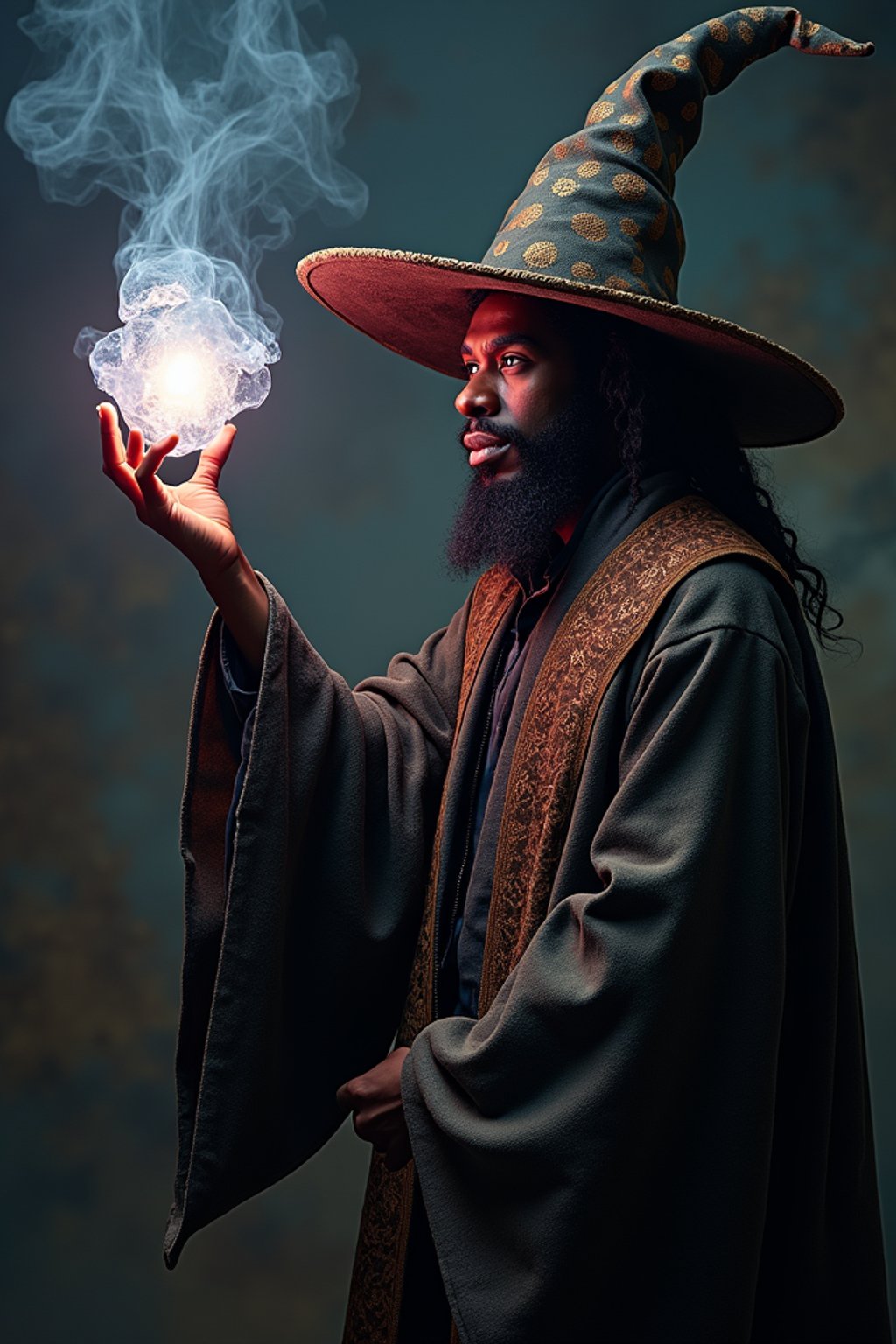 man as a Wizard with a Wizard robe and big hat, crystal magic, dramatic light