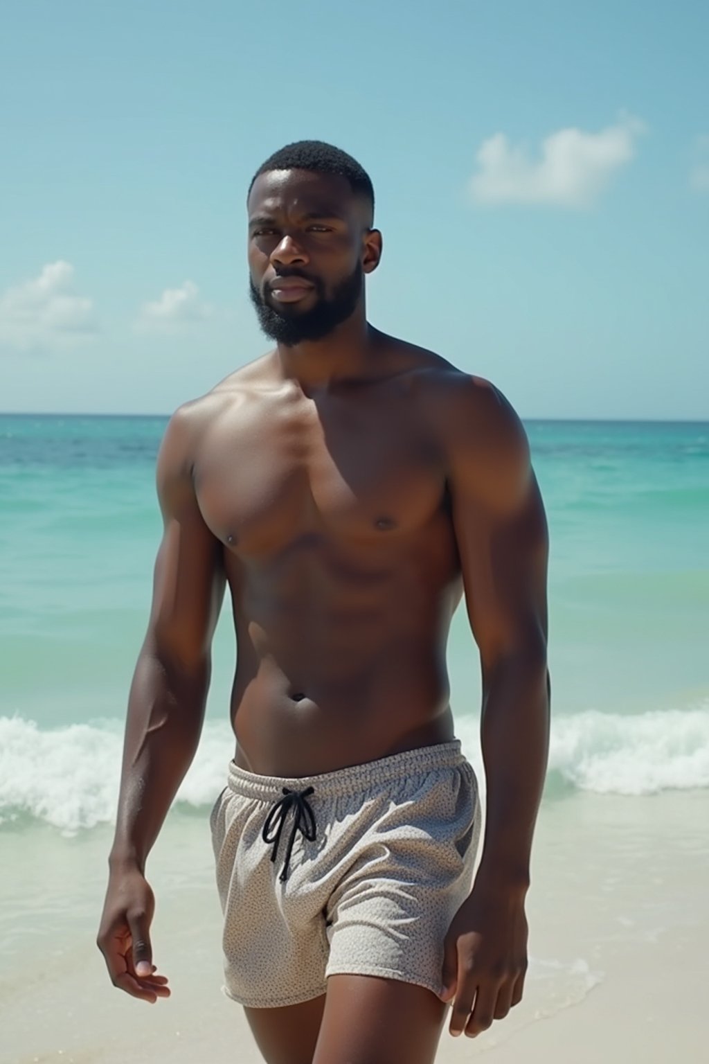 man in shirtless in swim shorts  on the Beach