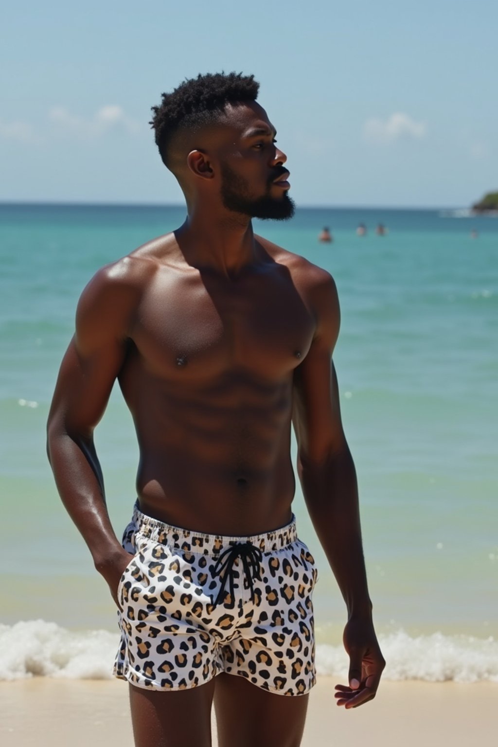 man in shirtless in swim shorts  on the Beach