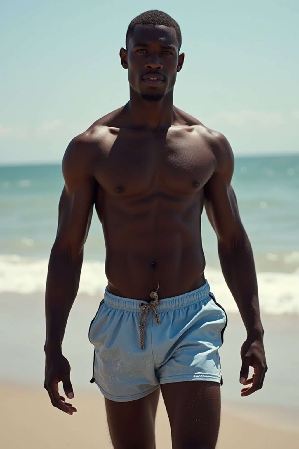 man in shirtless in swim shorts  on the Beach