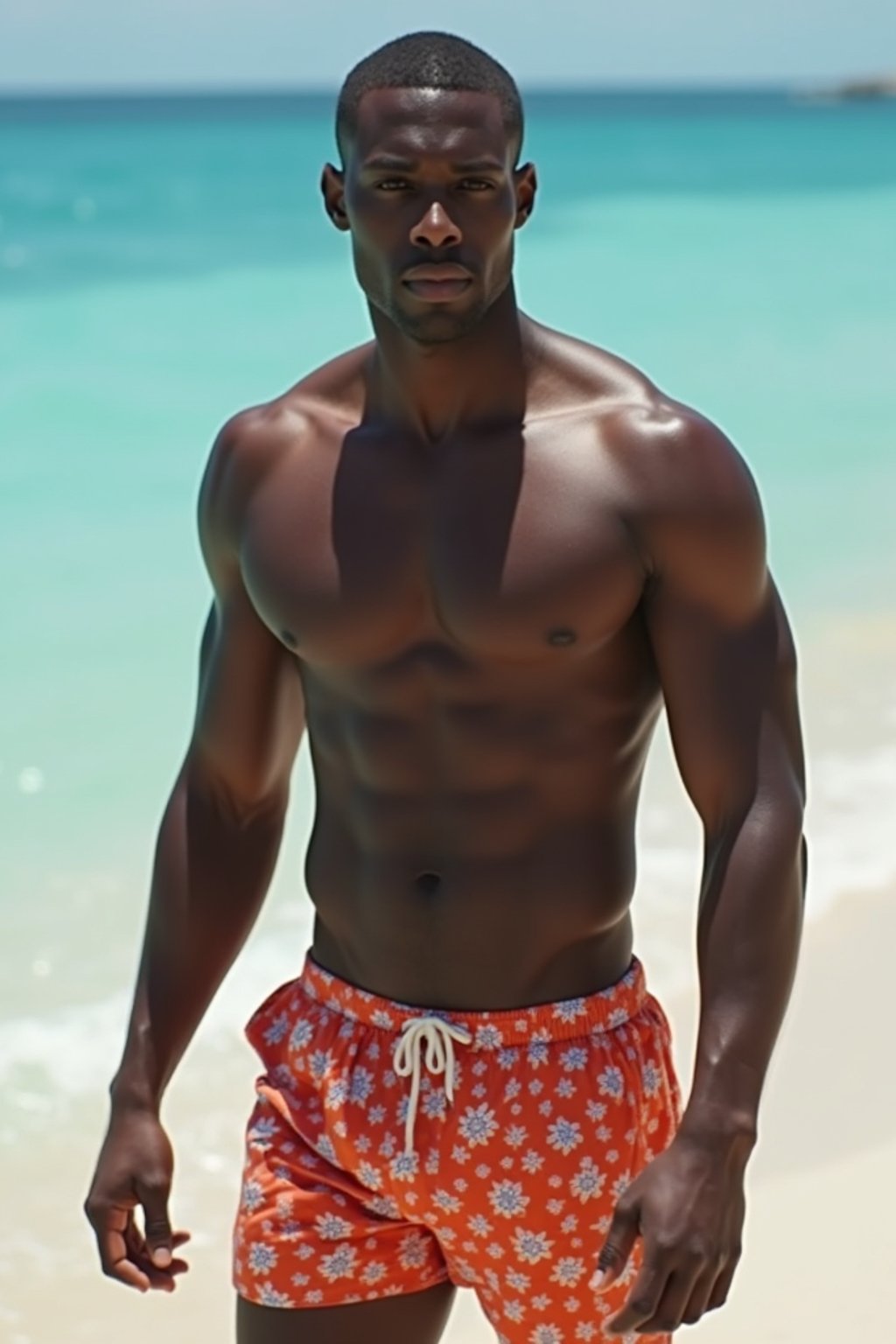 man in shirtless in swim shorts  on the Beach