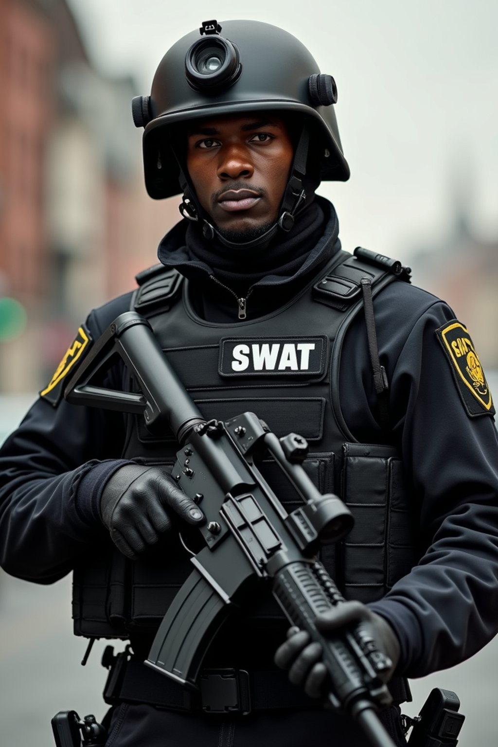 man as a SWAT Officer. wearing black swat vest, swat helmet, holding pdw