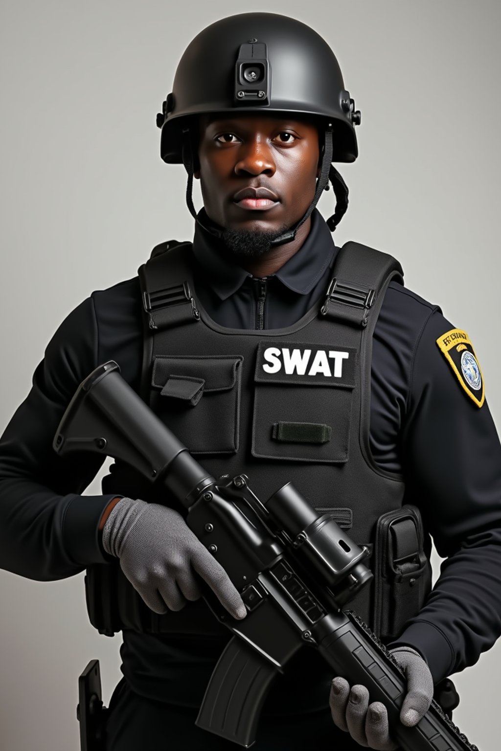 man as a SWAT Officer. wearing black swat vest, swat helmet, holding pdw