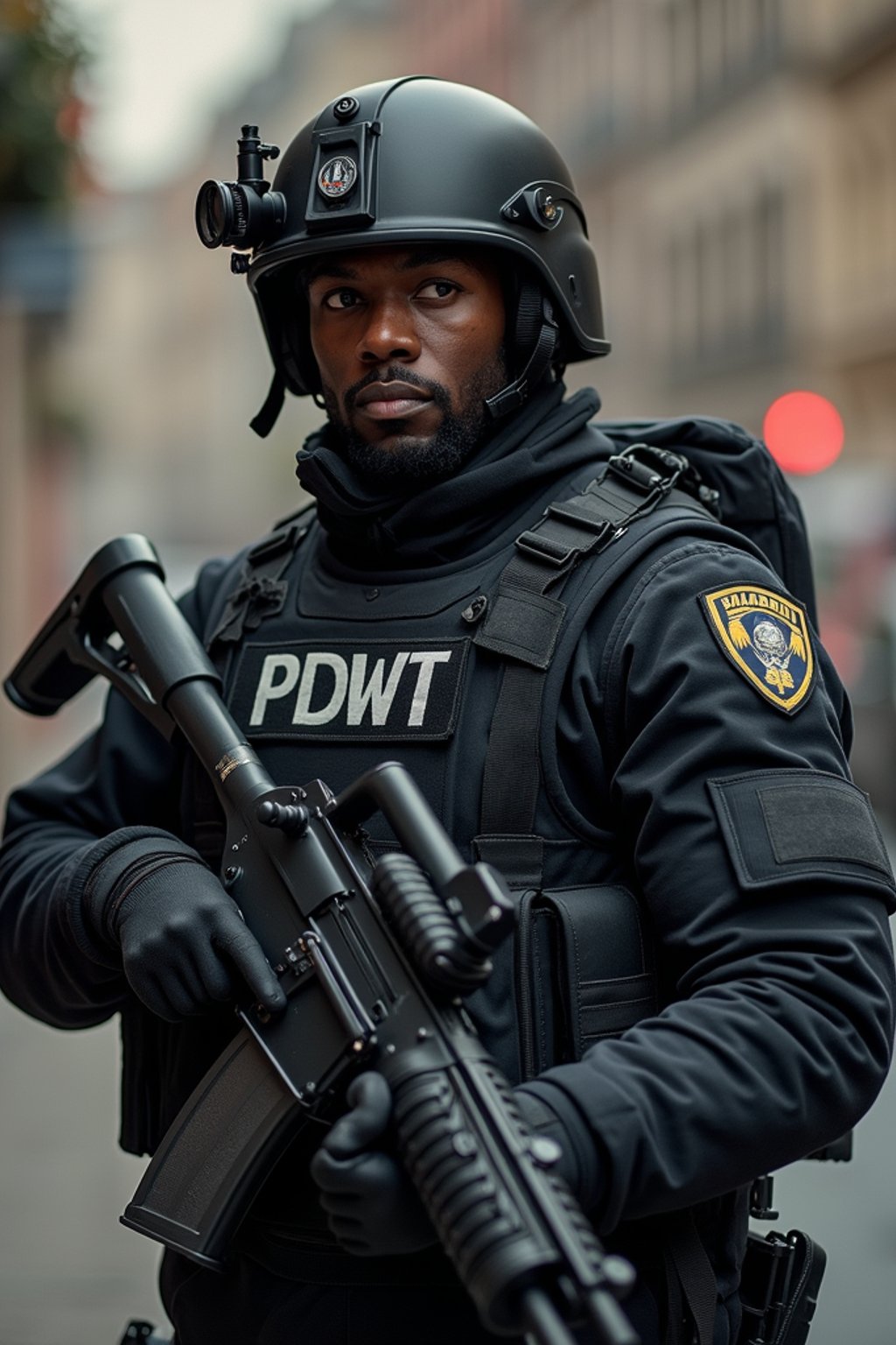 man as a SWAT Officer. wearing black swat vest, swat helmet, holding pdw