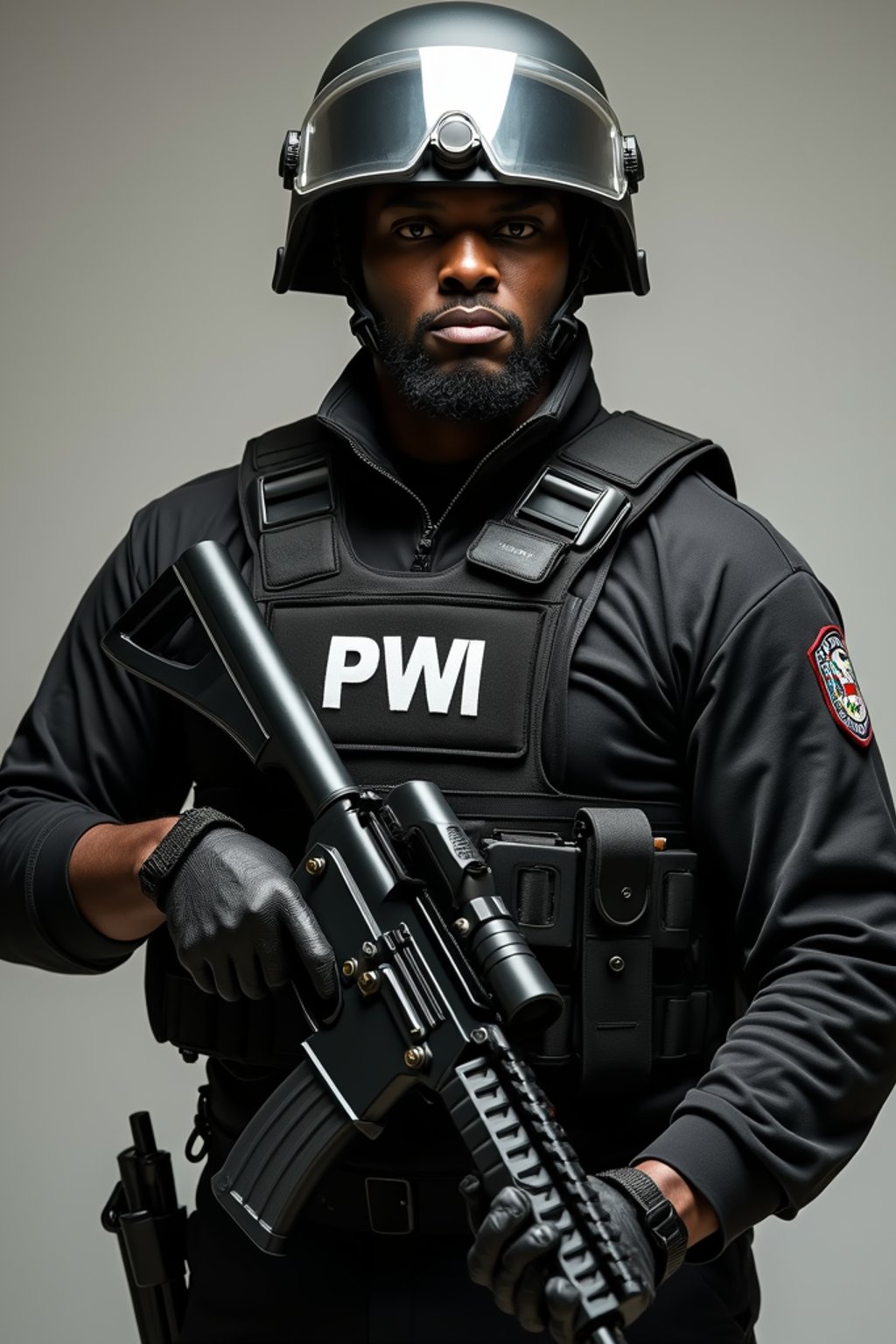 man as a SWAT Officer. wearing black swat vest, swat helmet, holding pdw