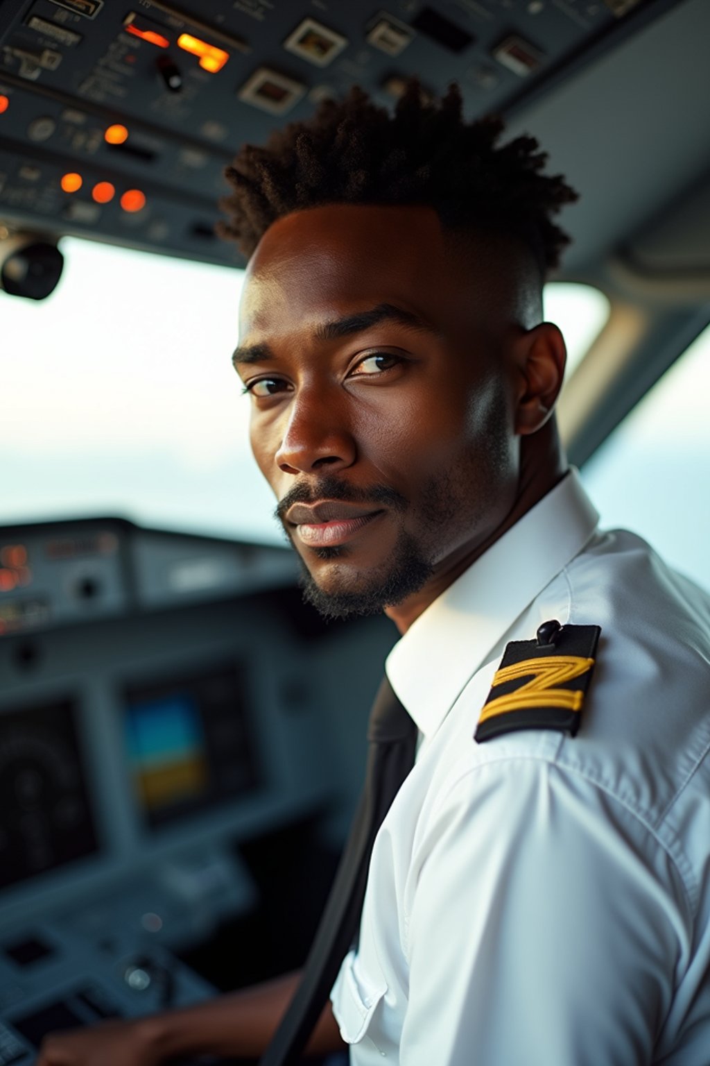 man as a Airline Pilot inside the Cockpit with white shirt Pilot Uniform