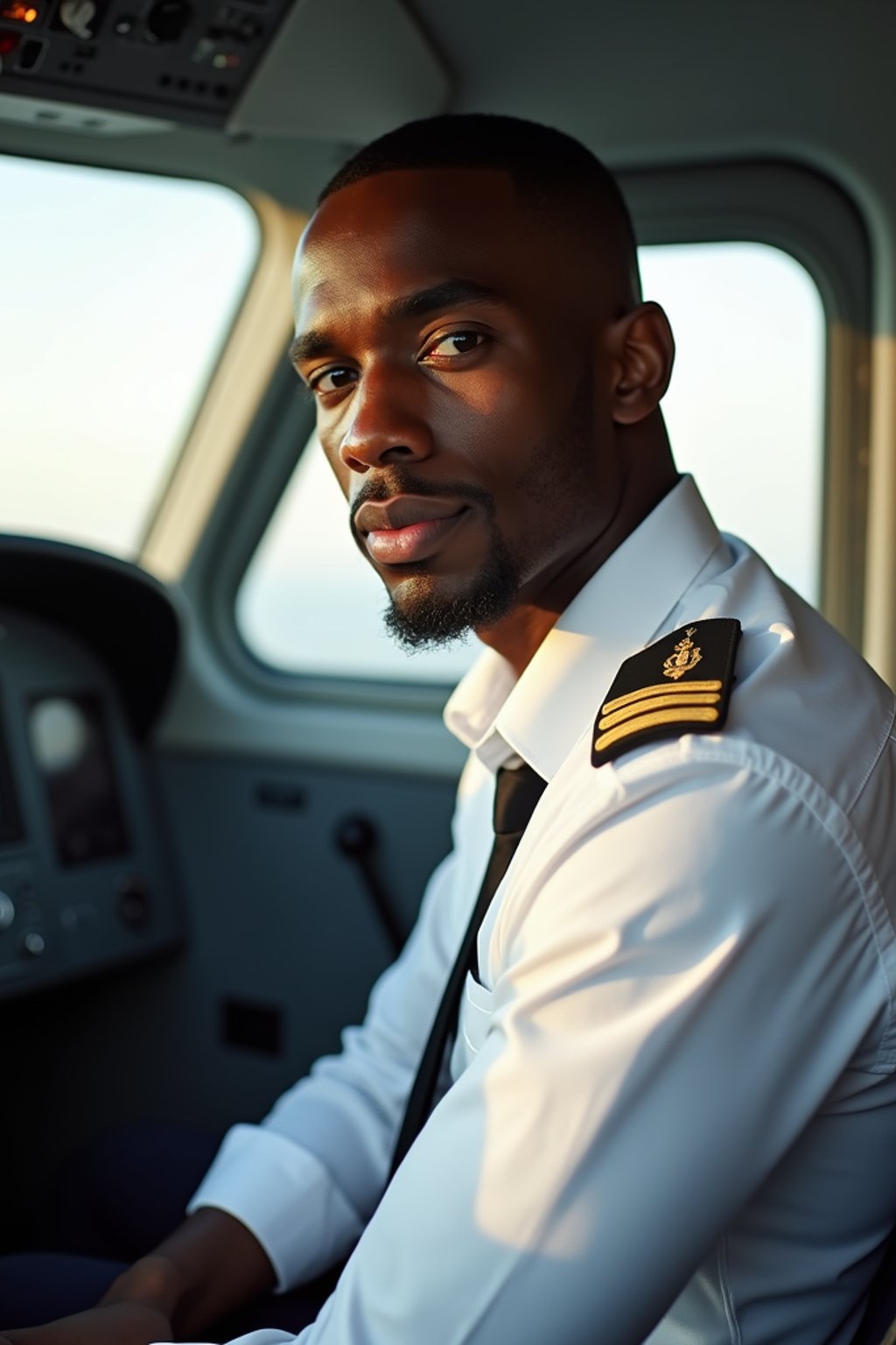 man as a Airline Pilot inside the Cockpit with white shirt Pilot Uniform