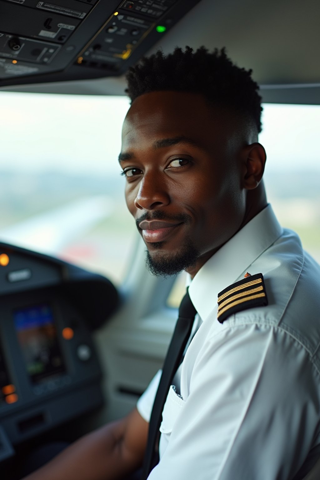 man as a Airline Pilot inside the Cockpit with white shirt Pilot Uniform