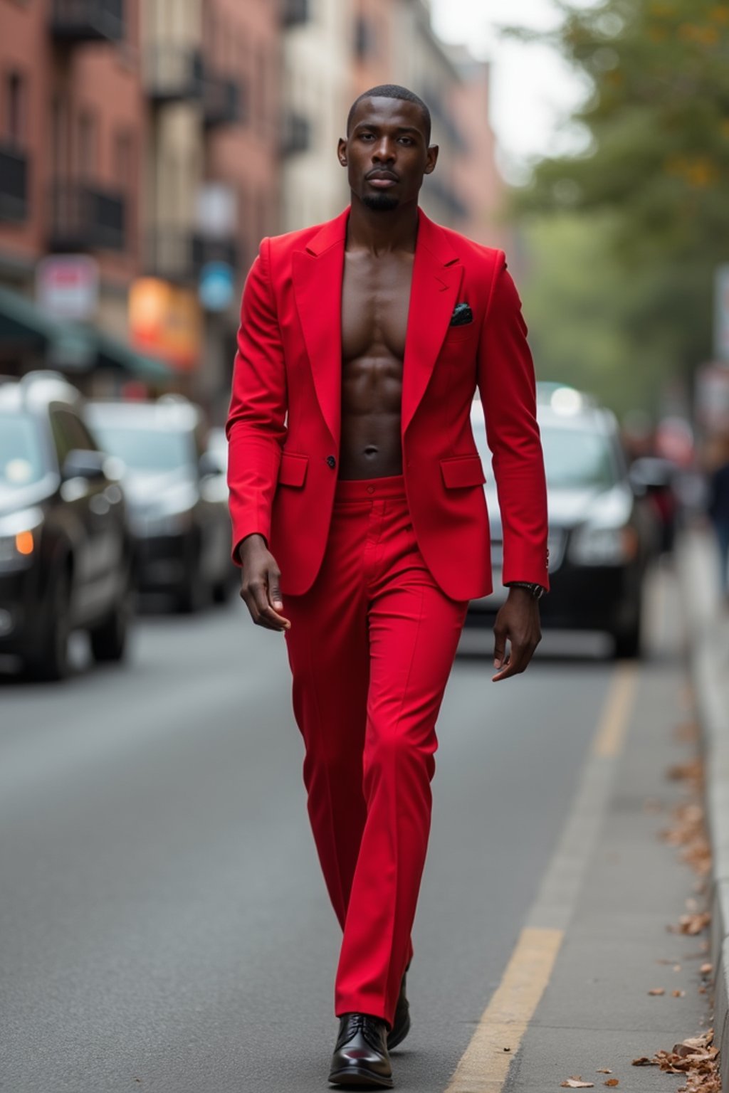 man in red tuxedo  showing cleavage walking on the curb in black shoes