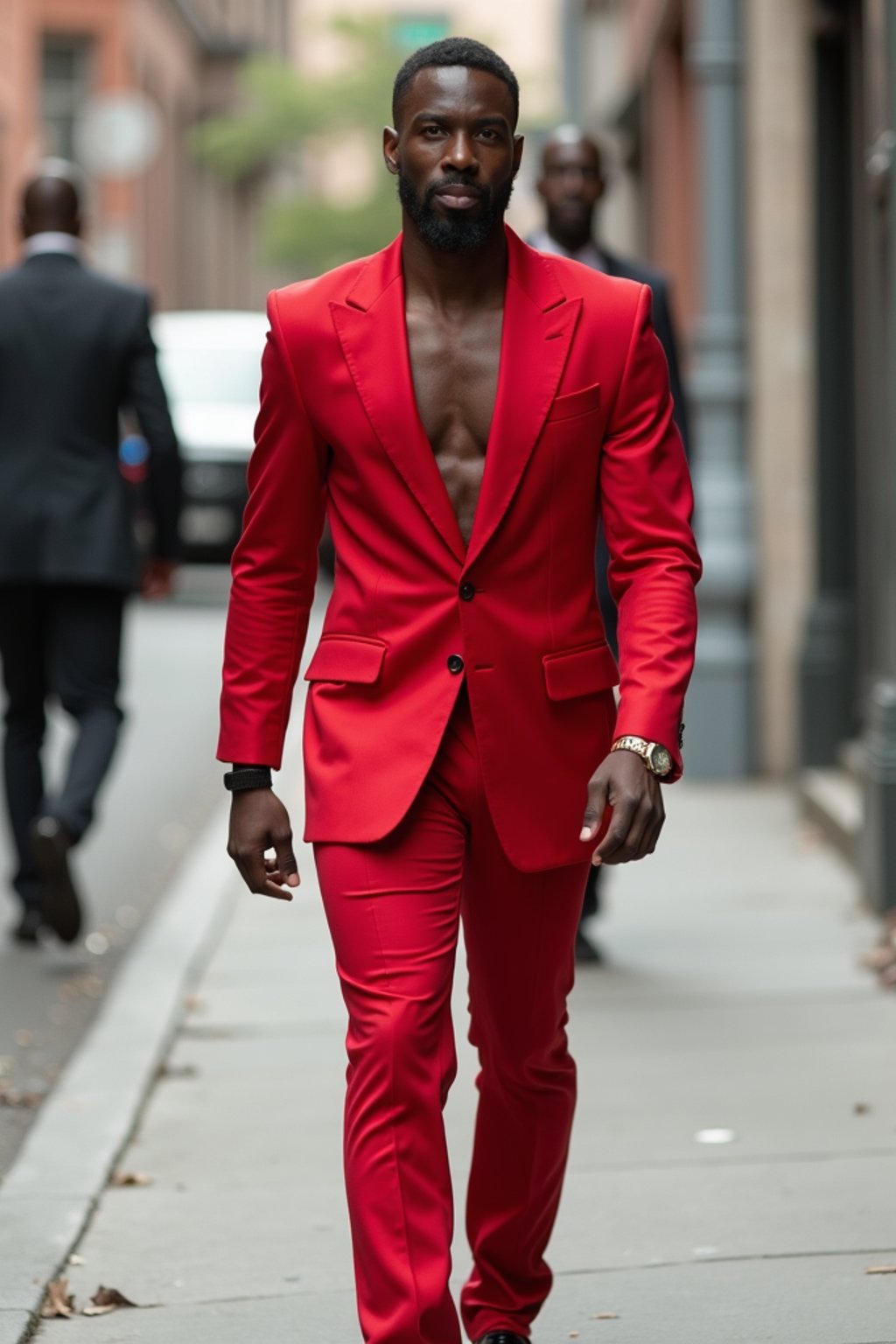 man in red tuxedo  showing cleavage walking on the curb in black shoes