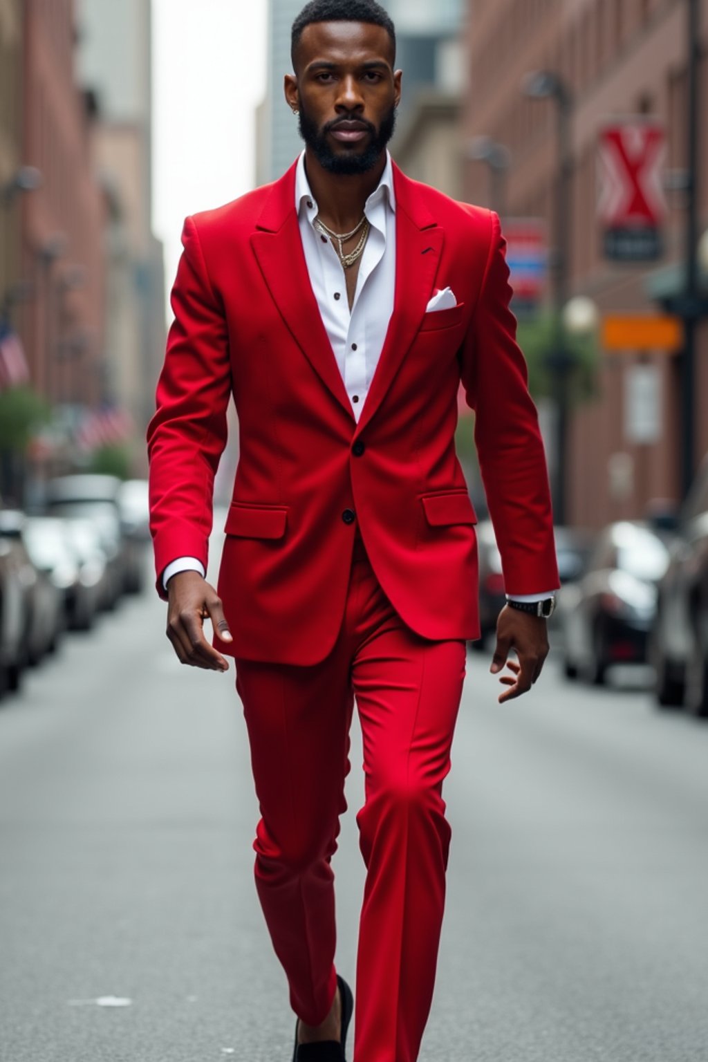 man in red tuxedo  showing cleavage walking on the curb in black shoes