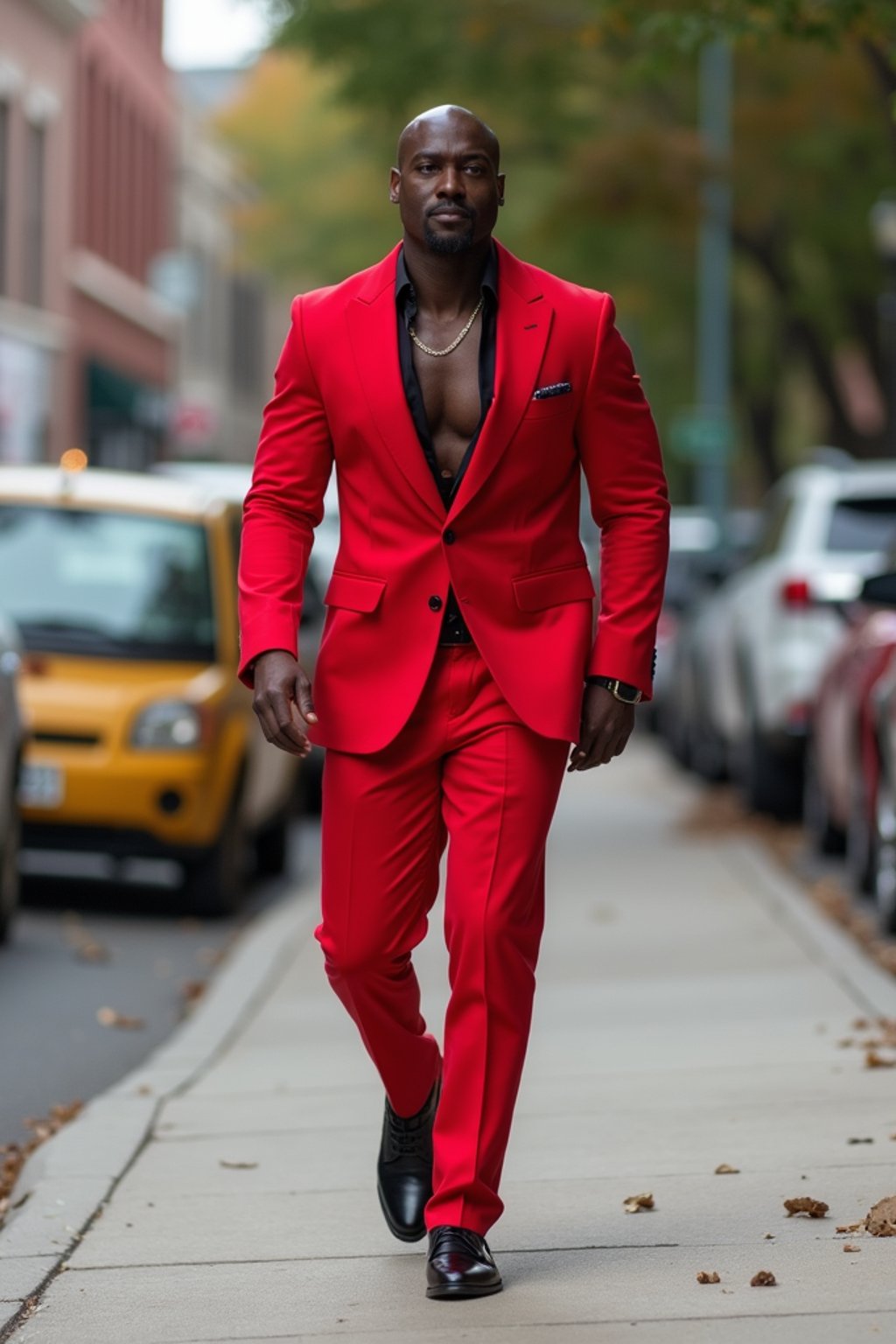 man in red tuxedo  showing cleavage walking on the curb in black shoes