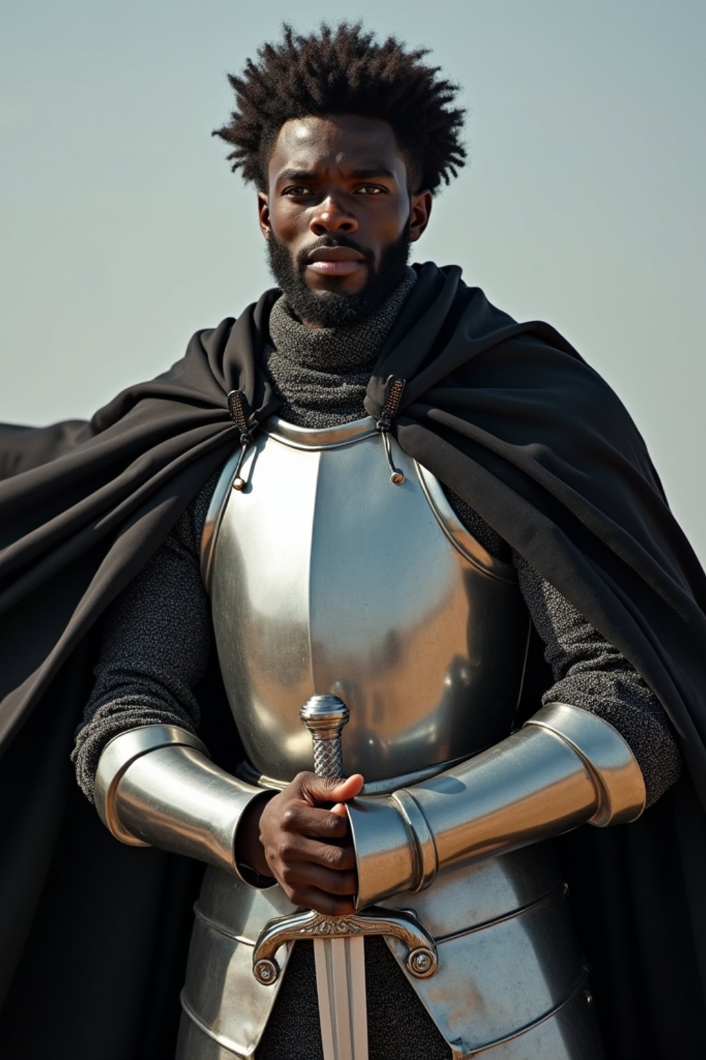 happy man as a Medieval Knight in silver armor, wearing a black elegant cape flowing in the wind, the knight holds a sword in one hand