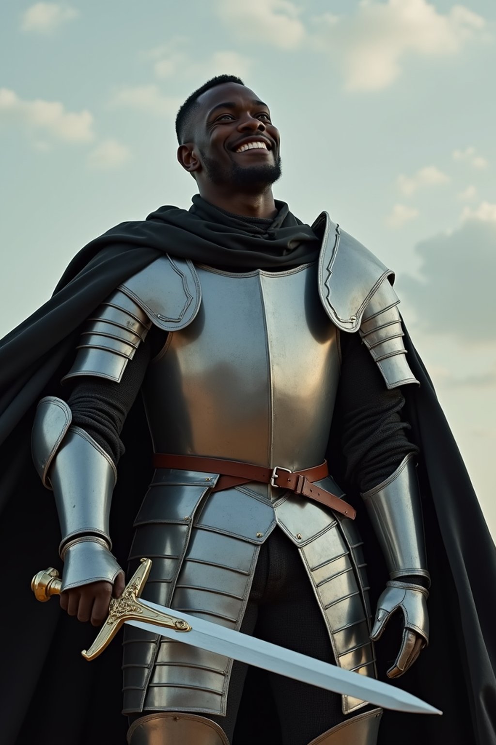 happy man as a Medieval Knight in silver armor, wearing a black elegant cape flowing in the wind, the knight holds a sword in one hand