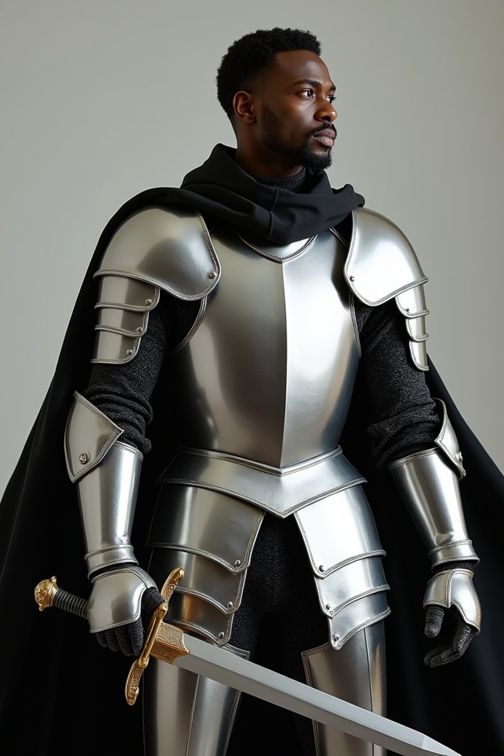 happy man as a Medieval Knight in silver armor, wearing a black elegant cape flowing in the wind, the knight holds a sword in one hand