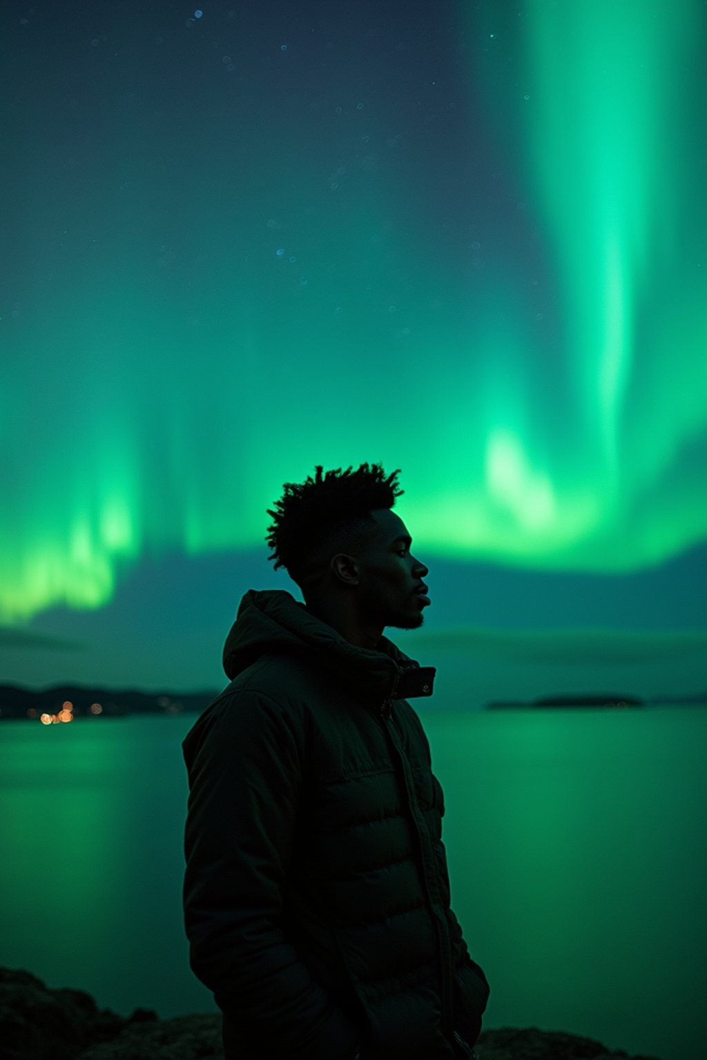 man at night at the Northern Lights Aurora Borealis