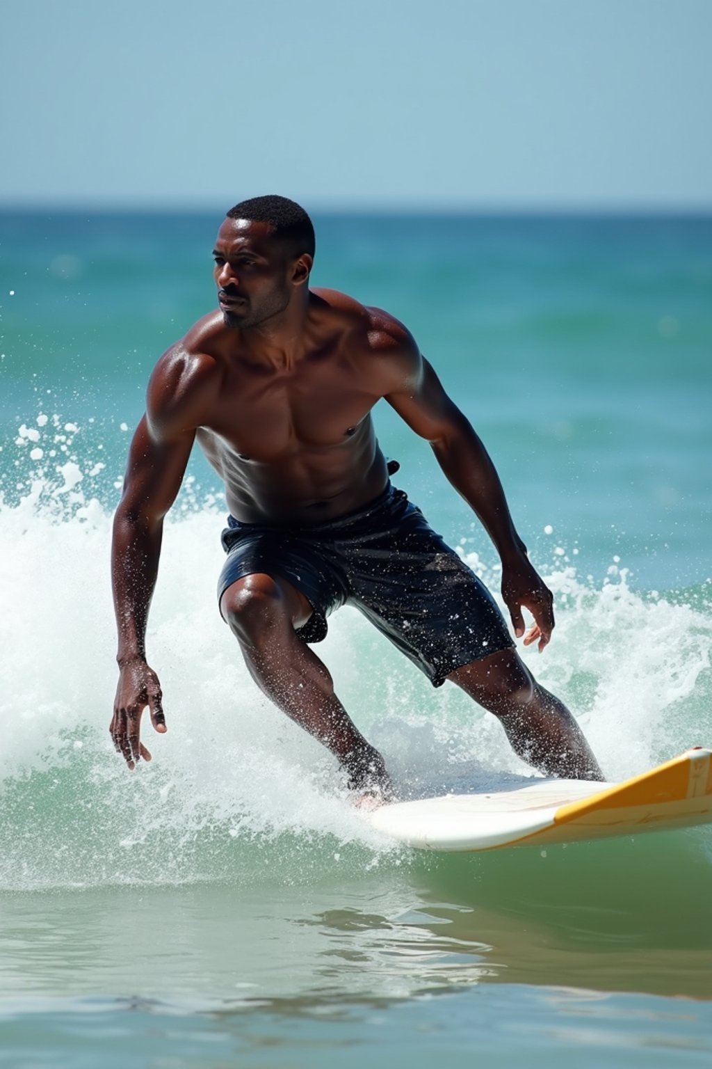 man as a Professional Surfer wearing swimwear on a Surf Board surfing in the ocean