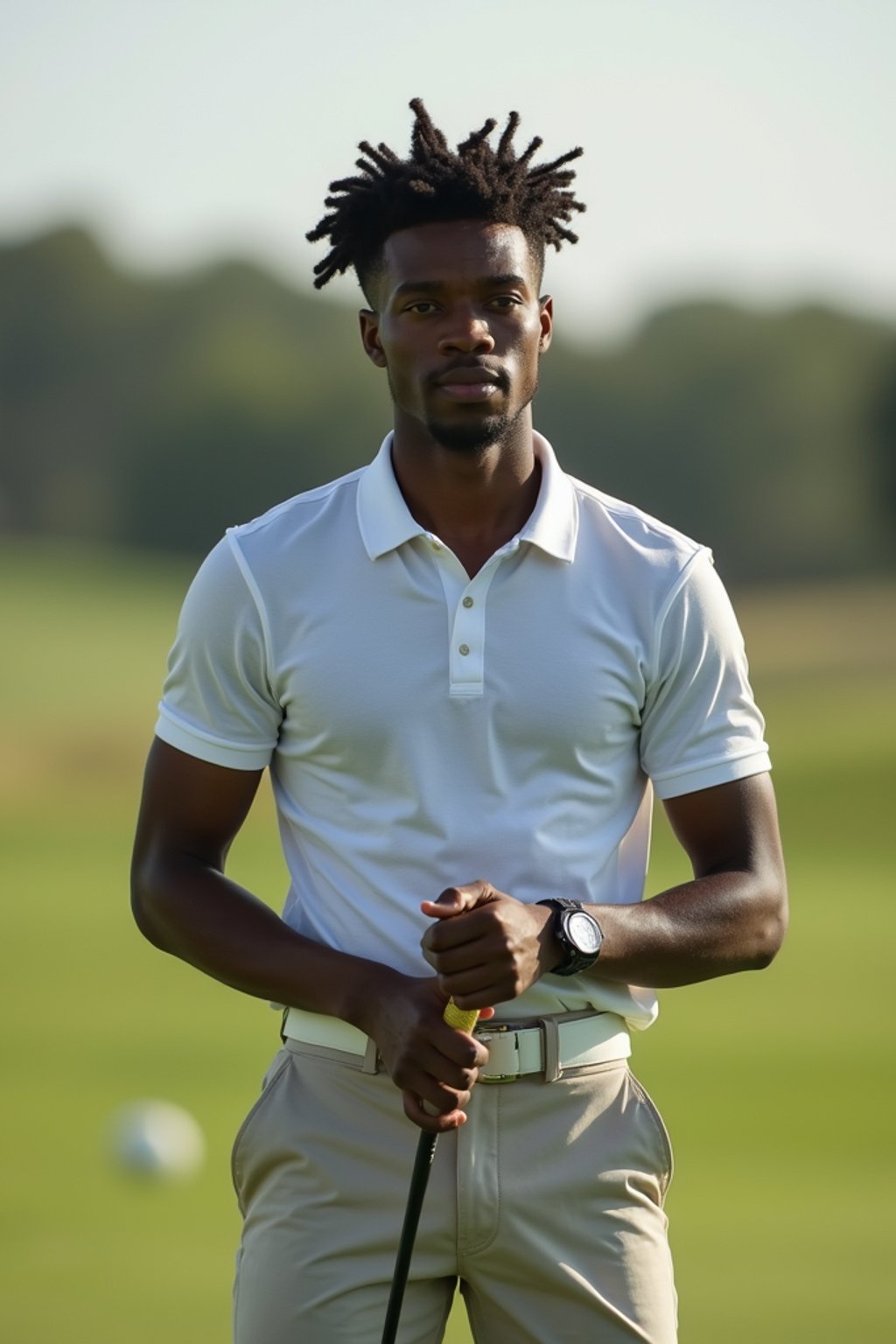 man as a Golfer on the Golf Course holding Golf Club wearing golf shorts or golf skirt, a collared shirt, golf pants