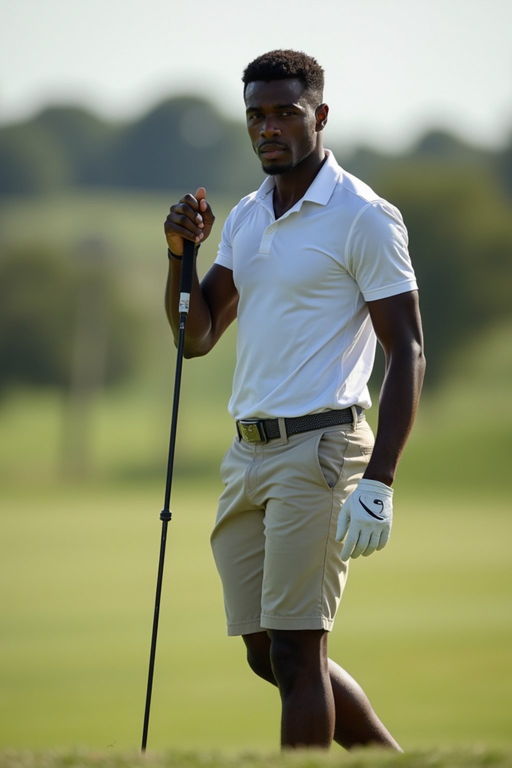 man as a Golfer on the Golf Course holding Golf Club wearing golf shorts or golf skirt, a collared shirt, golf pants