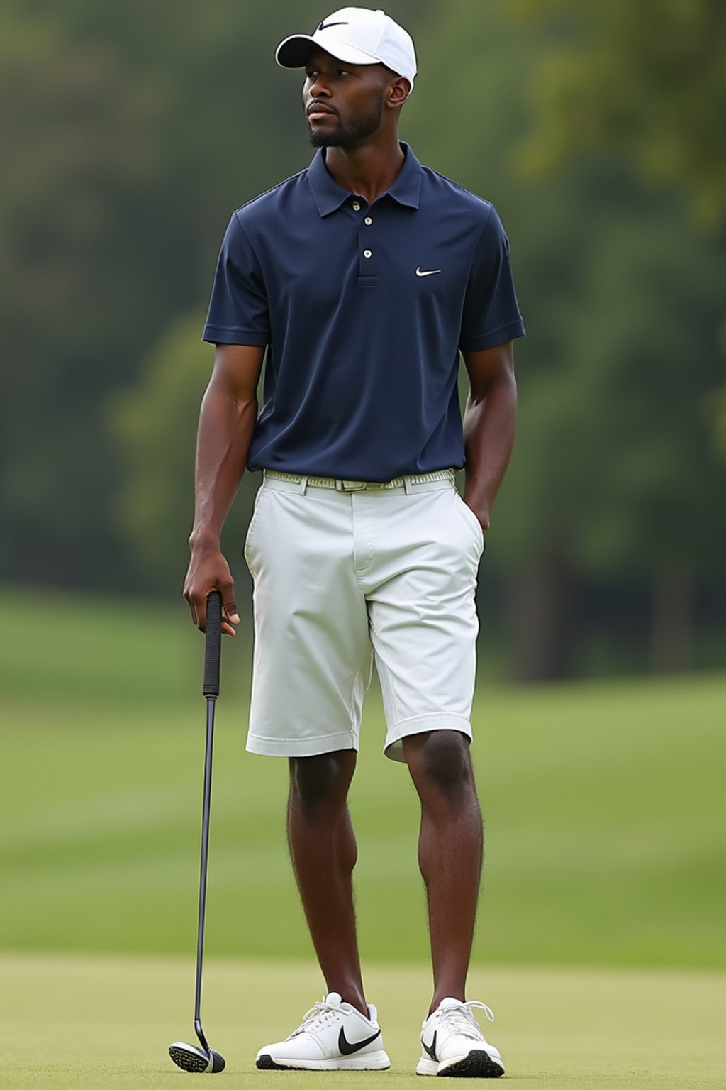 man as a Golfer on the Golf Course holding Golf Club wearing golf shorts or golf skirt, a collared shirt, golf pants