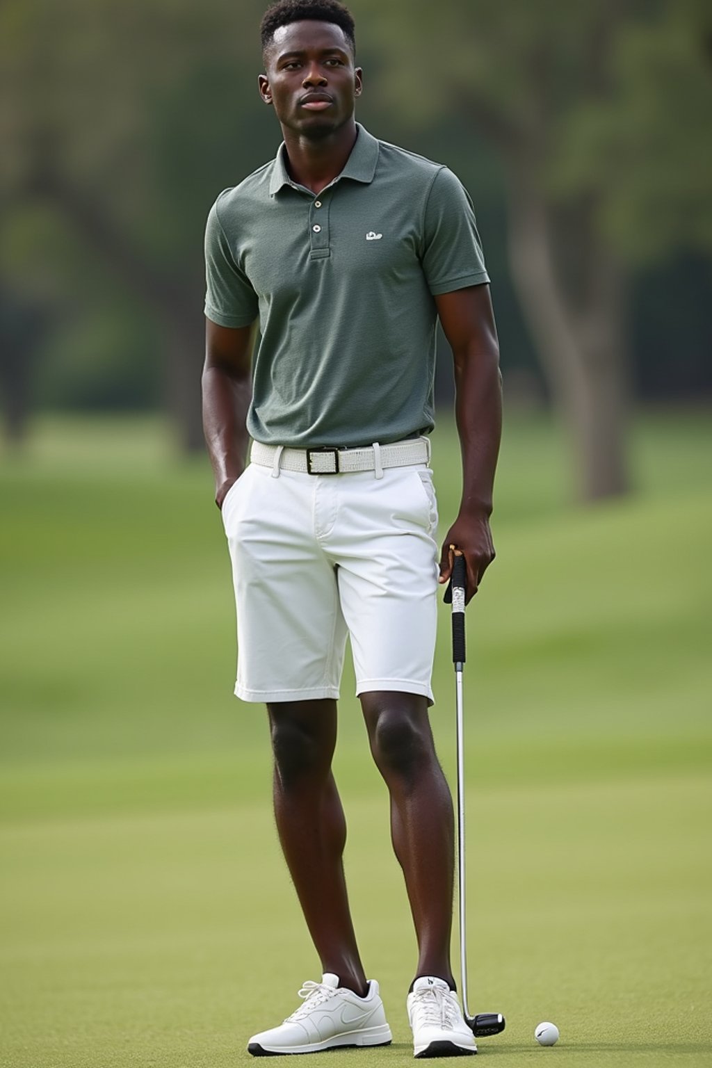 man as a Golfer on the Golf Course holding Golf Club wearing golf shorts or golf skirt, a collared shirt, golf pants