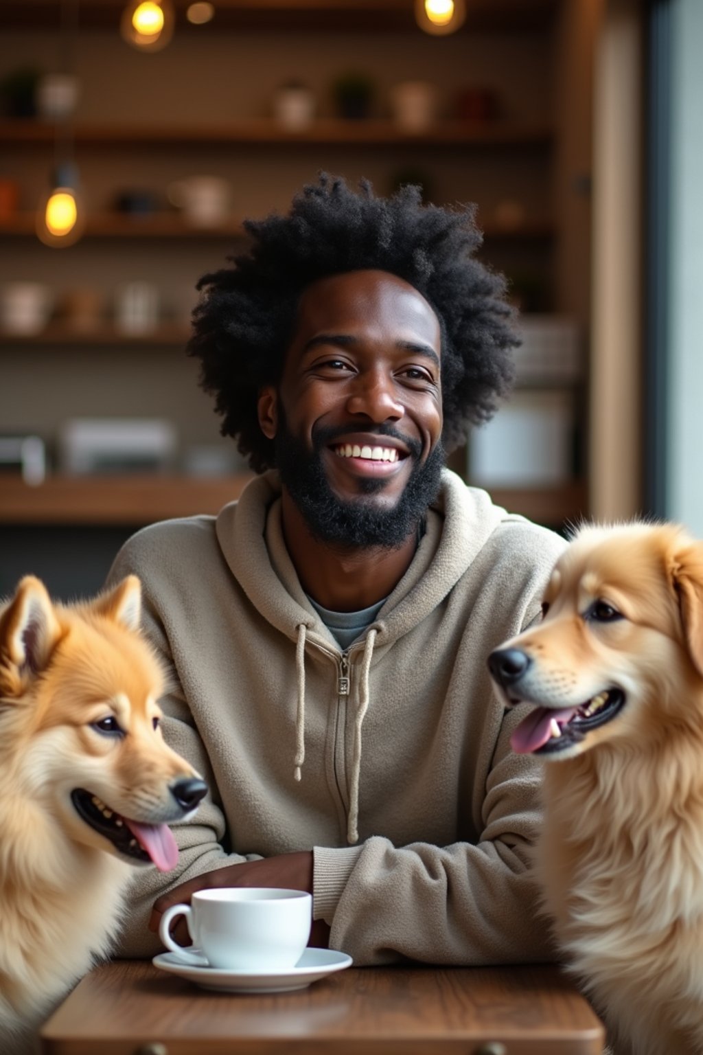 man in a Dog Cafe with many cute Samoyed and Golden Retriever dogs