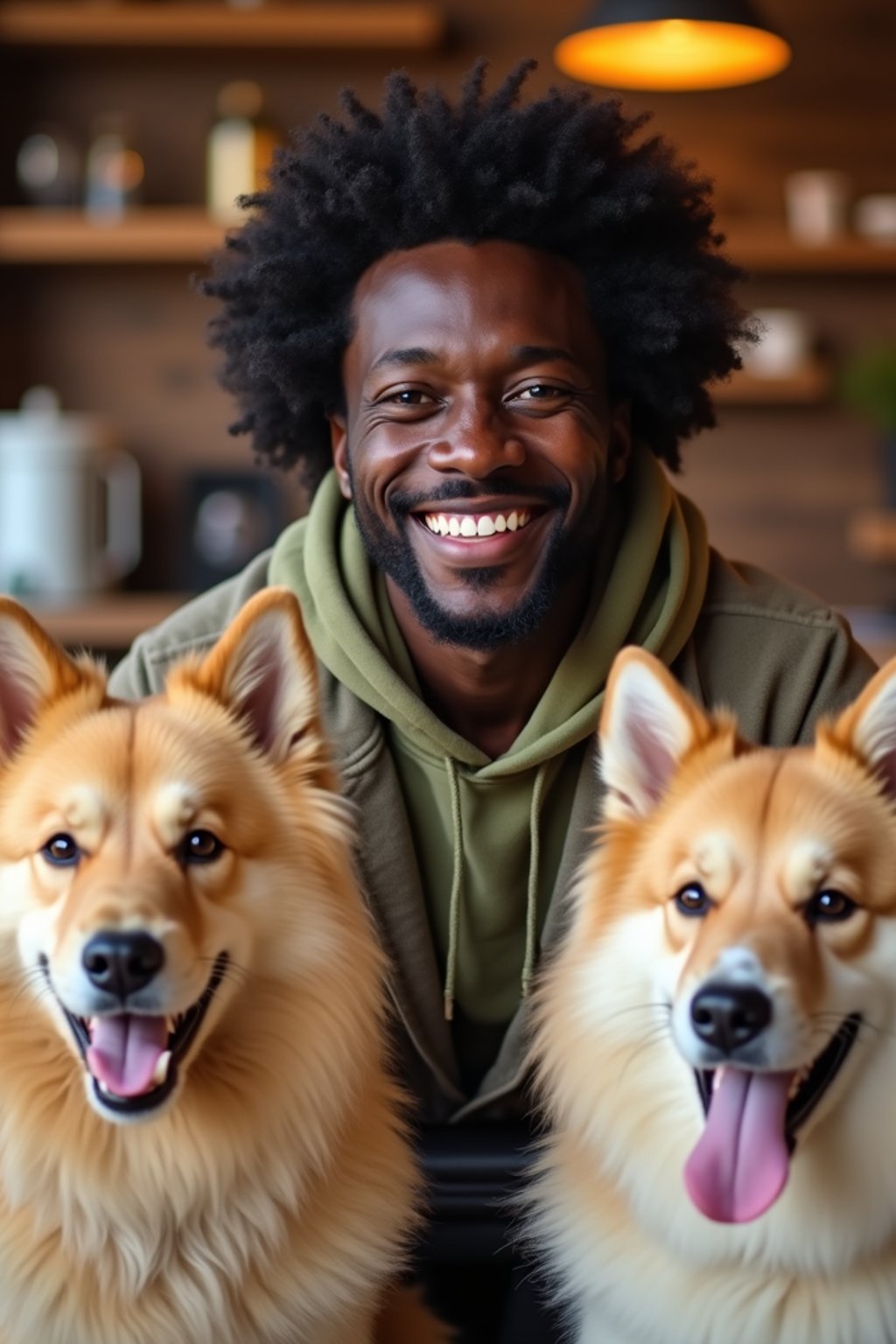 man in a Dog Cafe with many cute Samoyed and Golden Retriever dogs