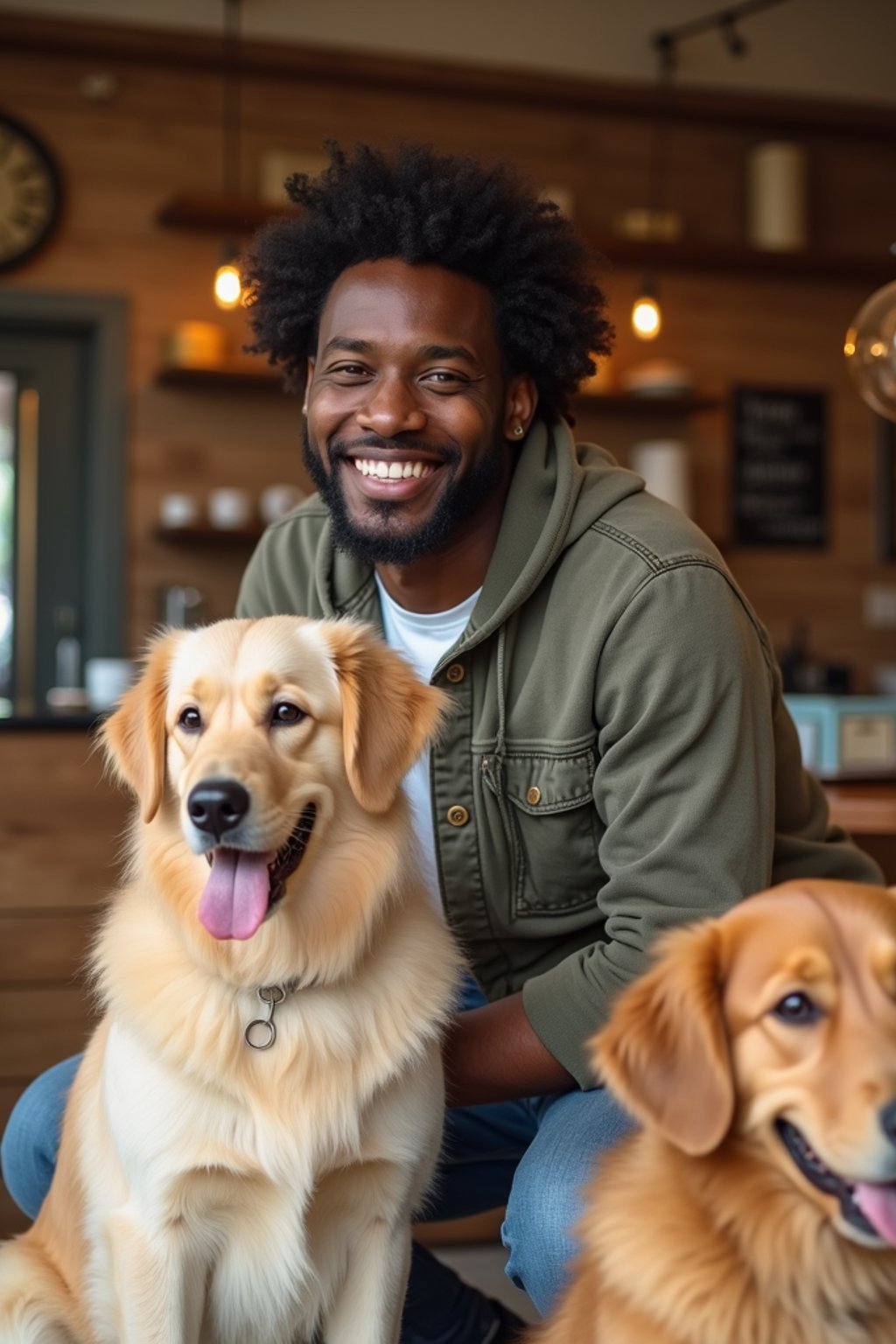 man in a Dog Cafe with many cute Samoyed and Golden Retriever dogs