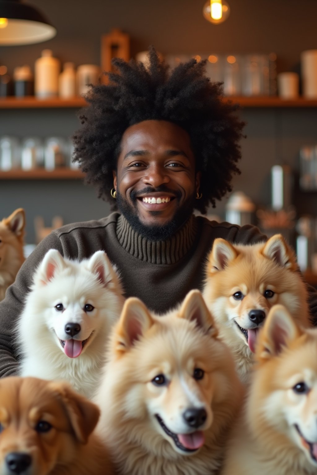 man in a Dog Cafe with many cute Samoyed and Golden Retriever dogs