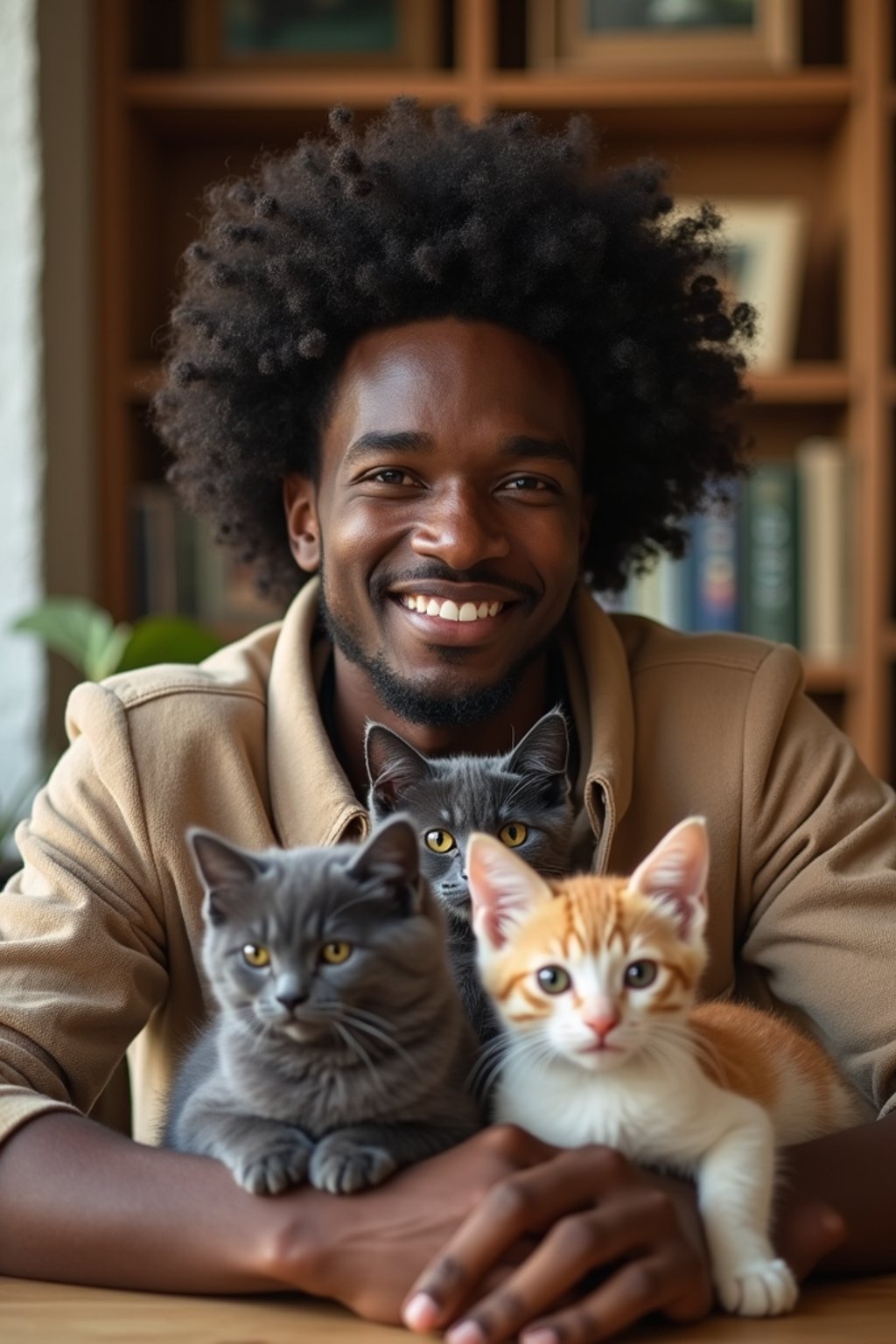 man in a Cat Cafe with many cute Cats and Kittens around them