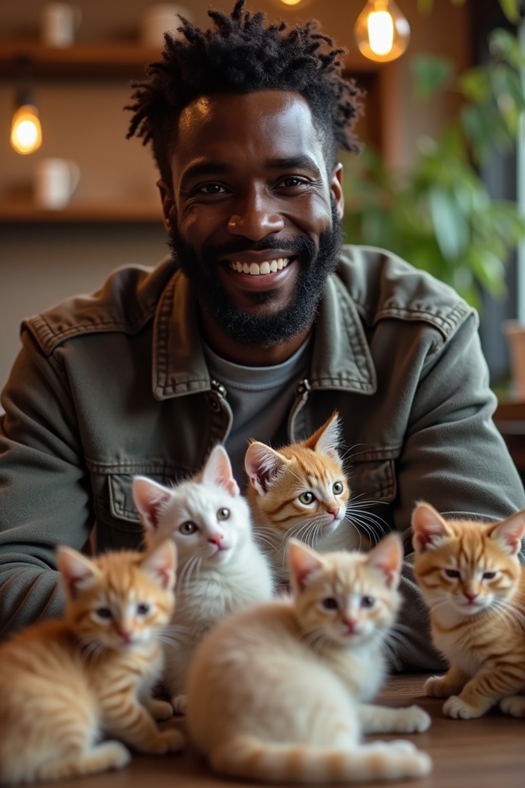 man in a Cat Cafe with many cute Cats and Kittens around them