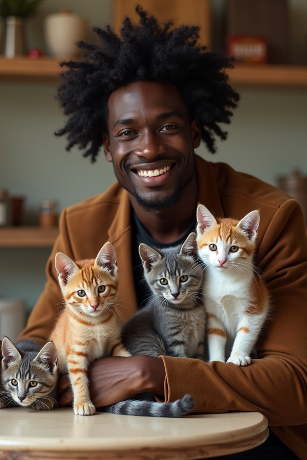 man in a Cat Cafe with many cute Cats and Kittens around them